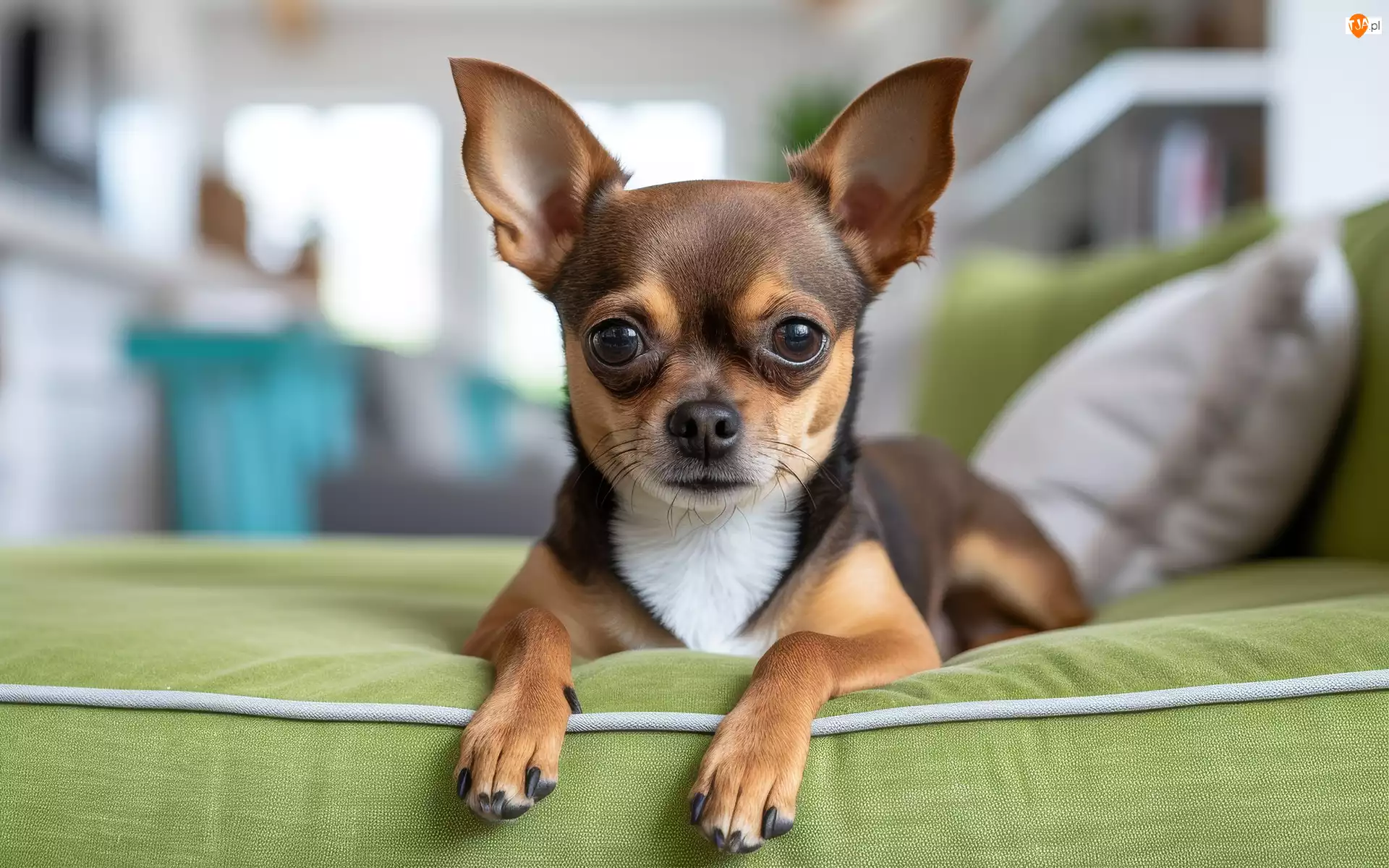 Zielona, Grafika Chihuahua krótkowłosa, Pies, Chihuahua krótkowłosa, Kanapa
