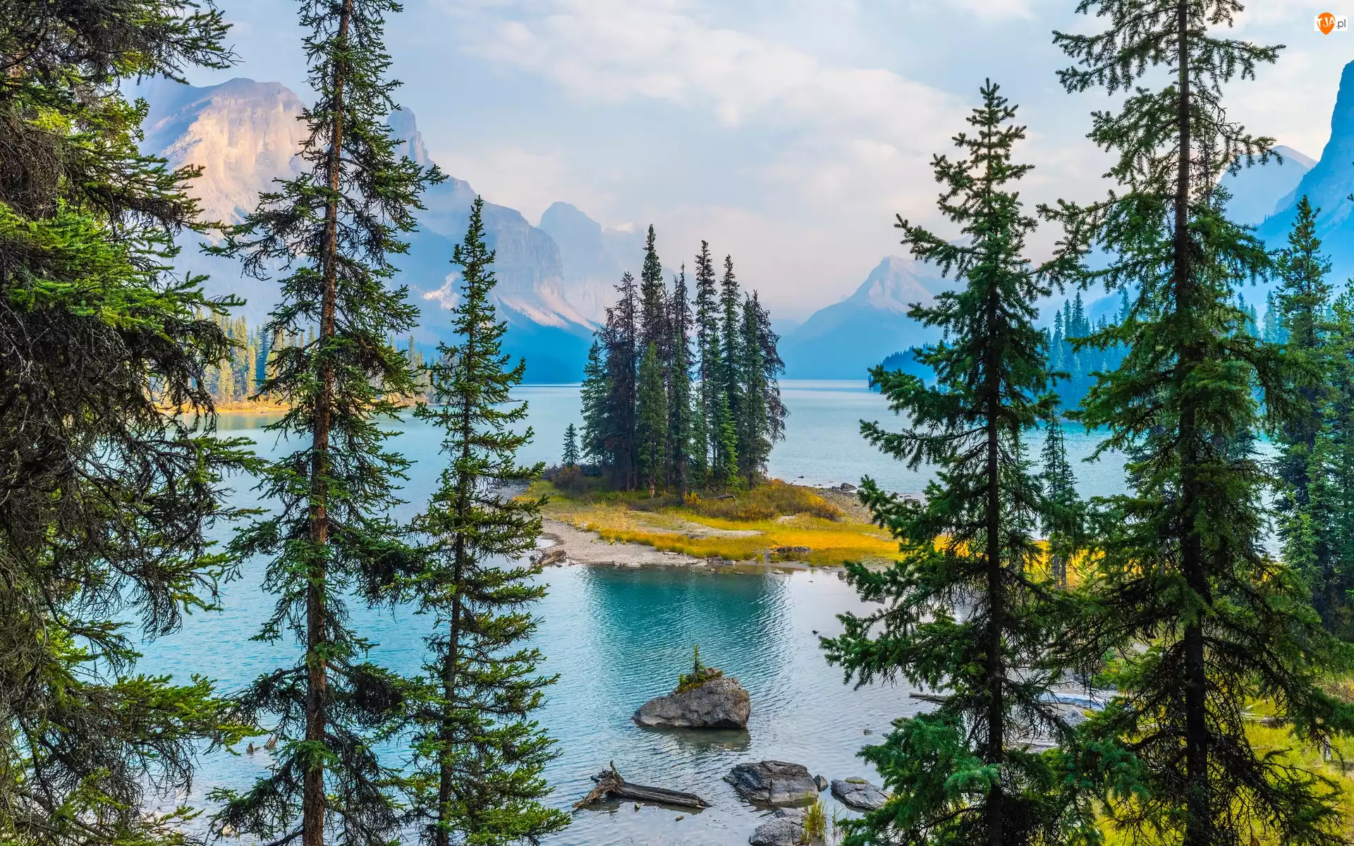 Park Narodowy Jasper, Drzewa, Wyspa Spirit Island, Kanada, Maligne Lake, Jezioro, Góry
