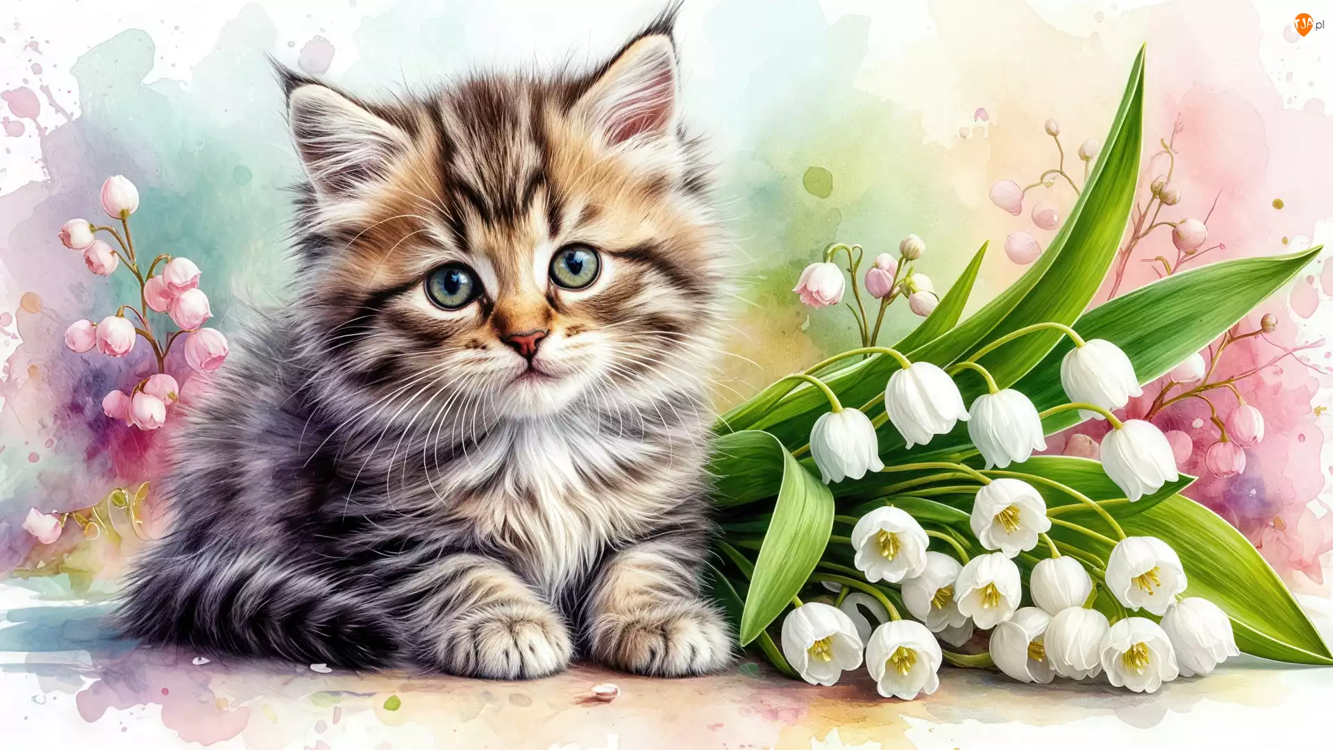 Kwiaty, Grafika, Kot, Mały, Konwalie