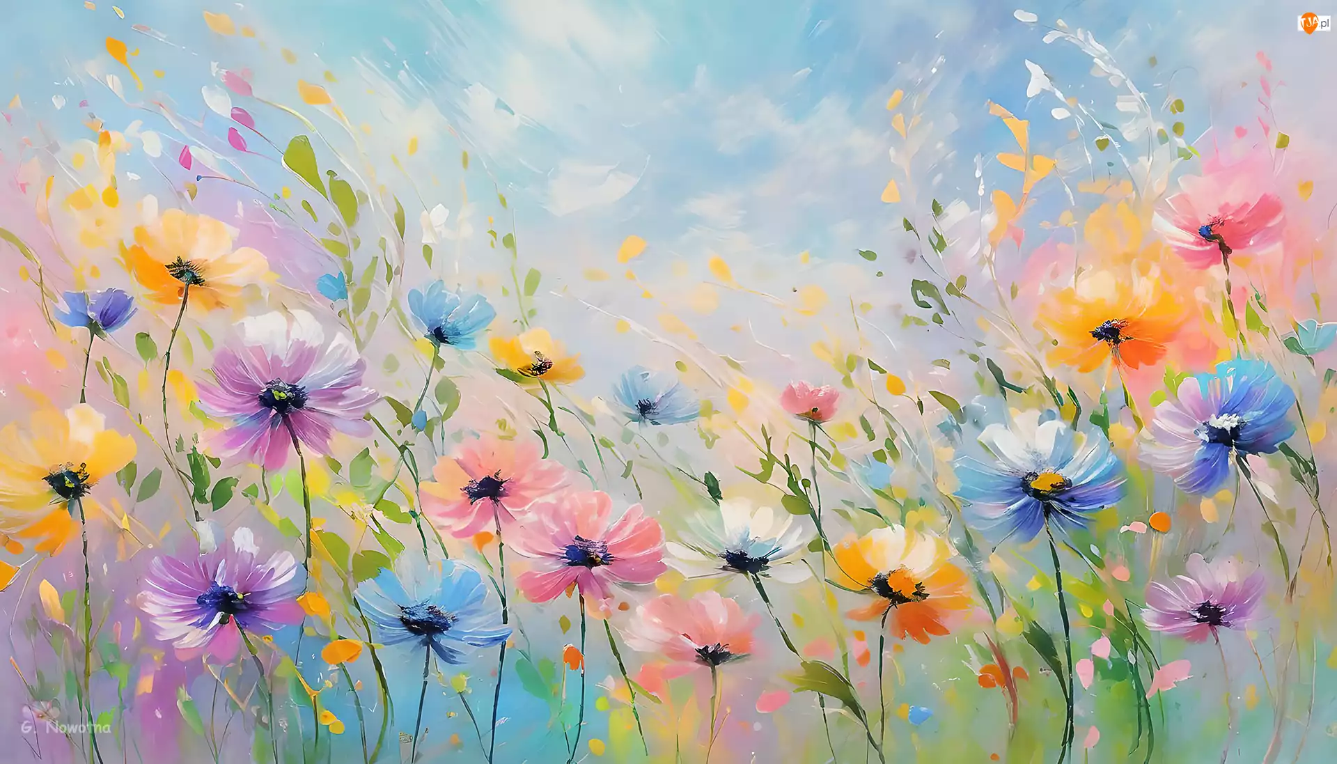 Grafika, Kolorowe, Kwiaty, Niebo