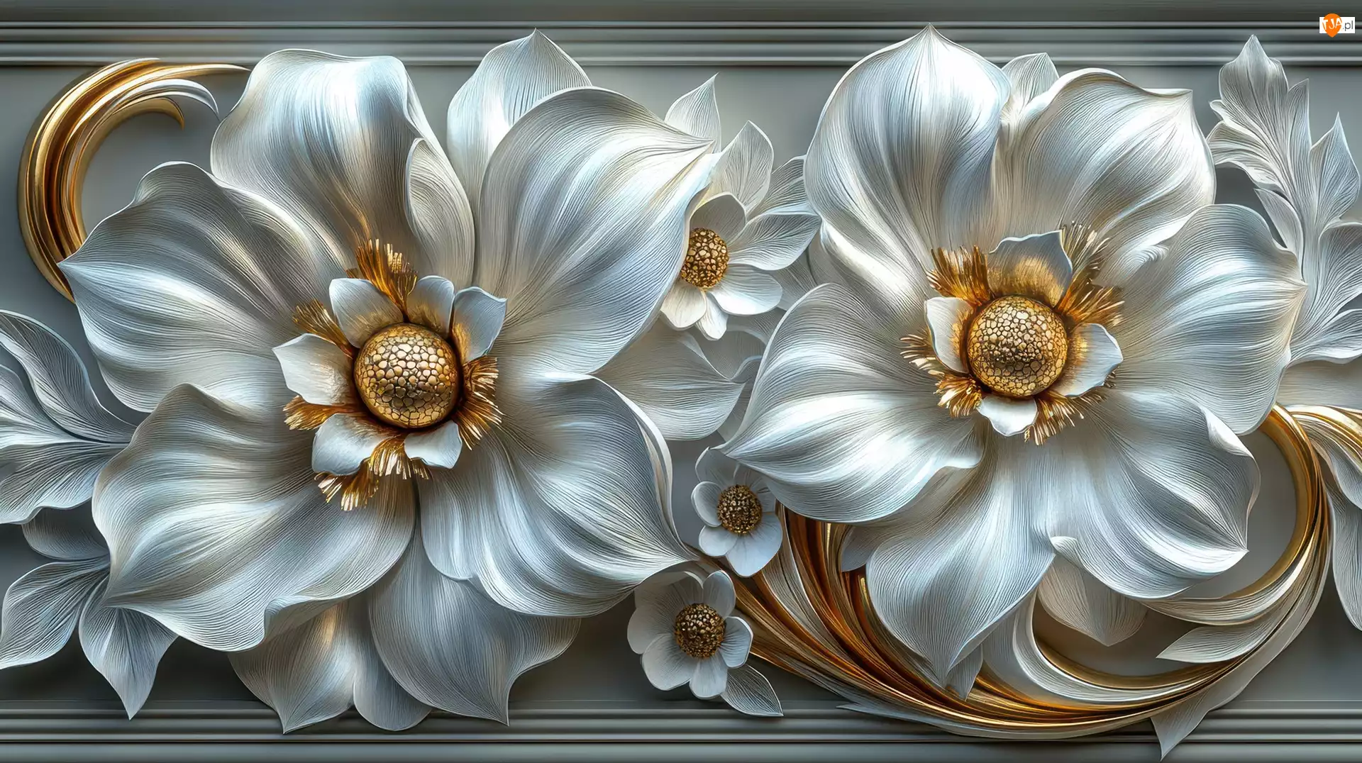 Grafika, Biało-złote, Kwiaty