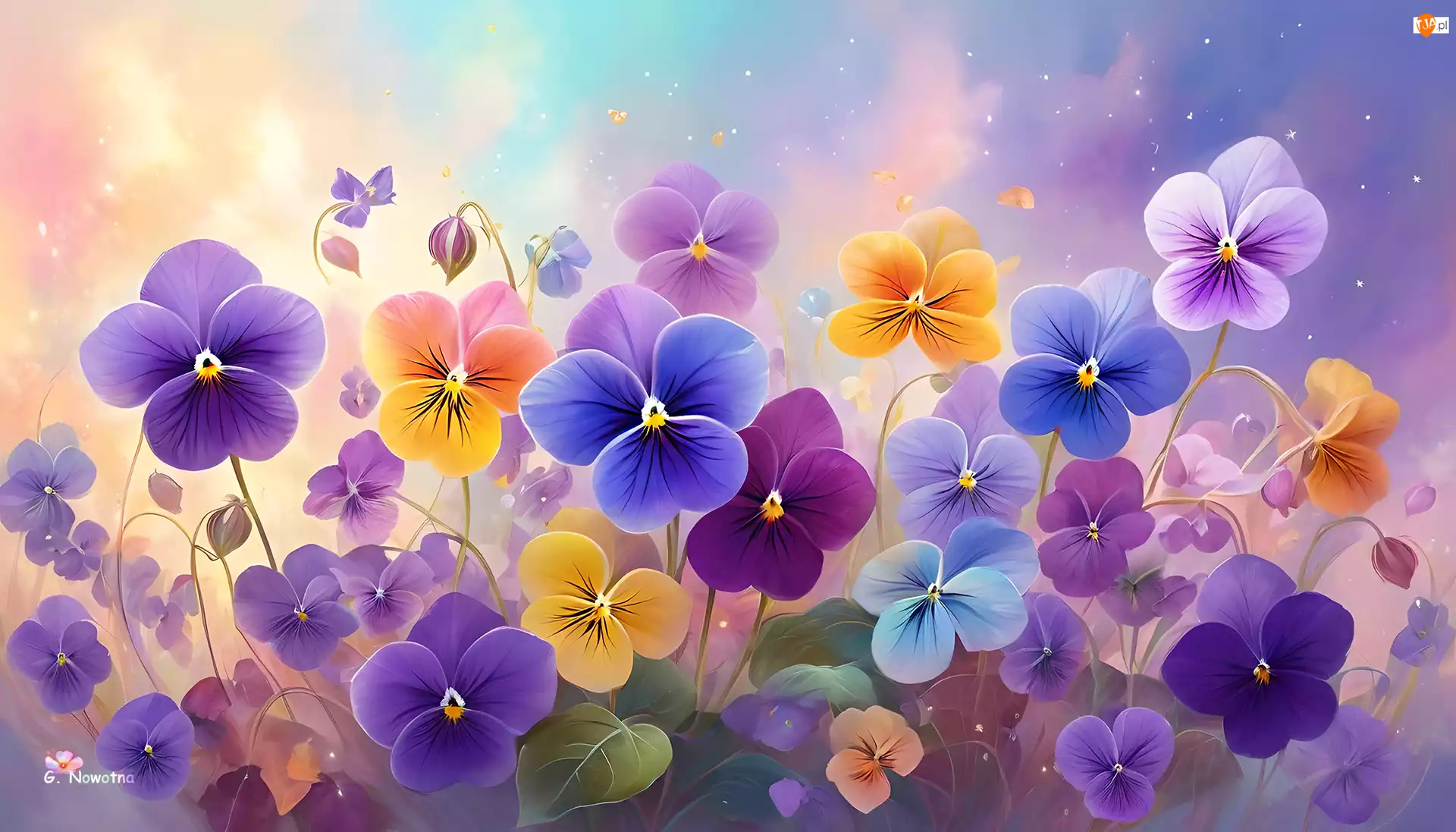 Kwiaty, Grafika, Kolorowe, Bratki