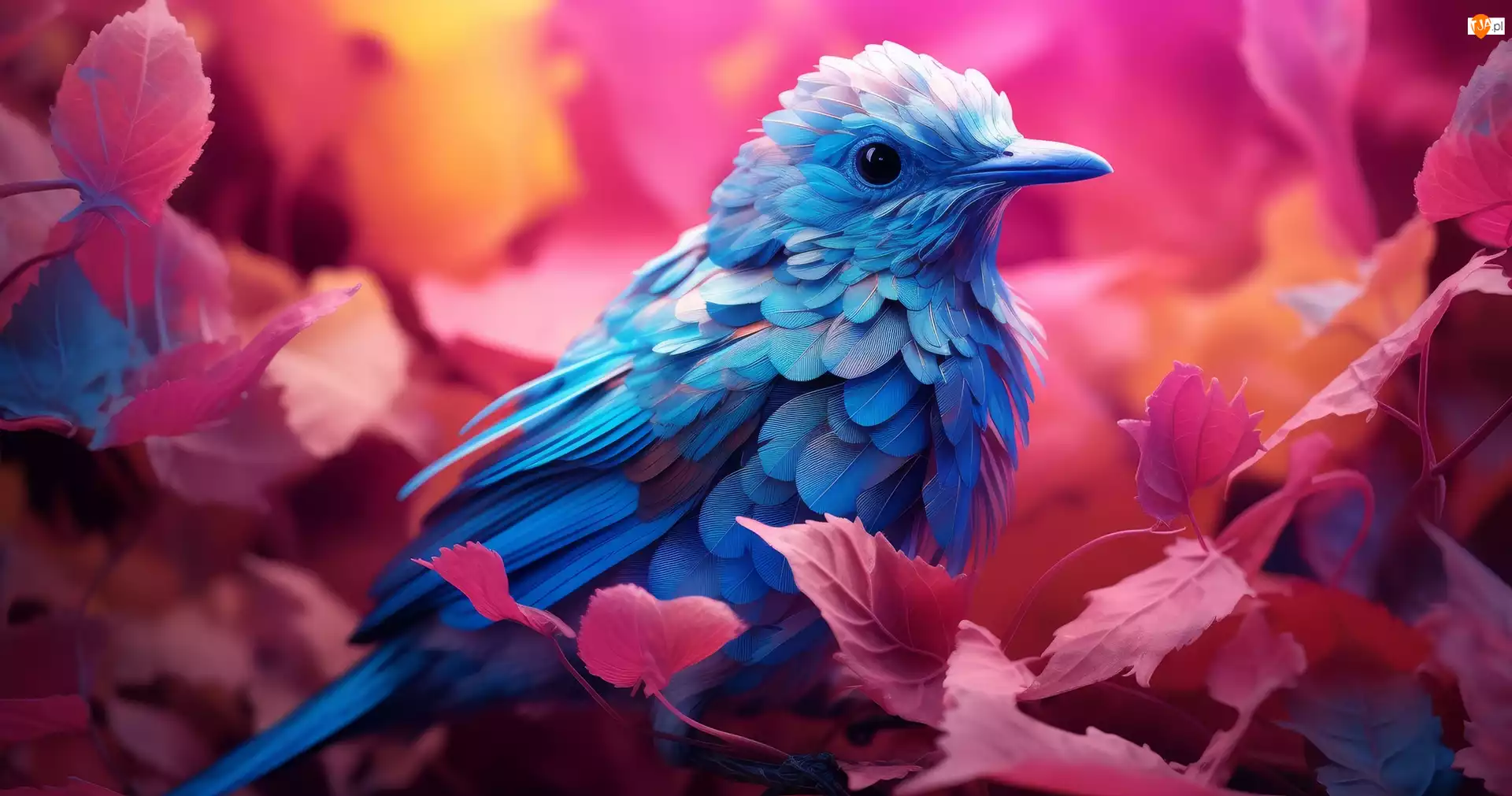 Różowe, Grafika, Ptak, Niebieski, Liście