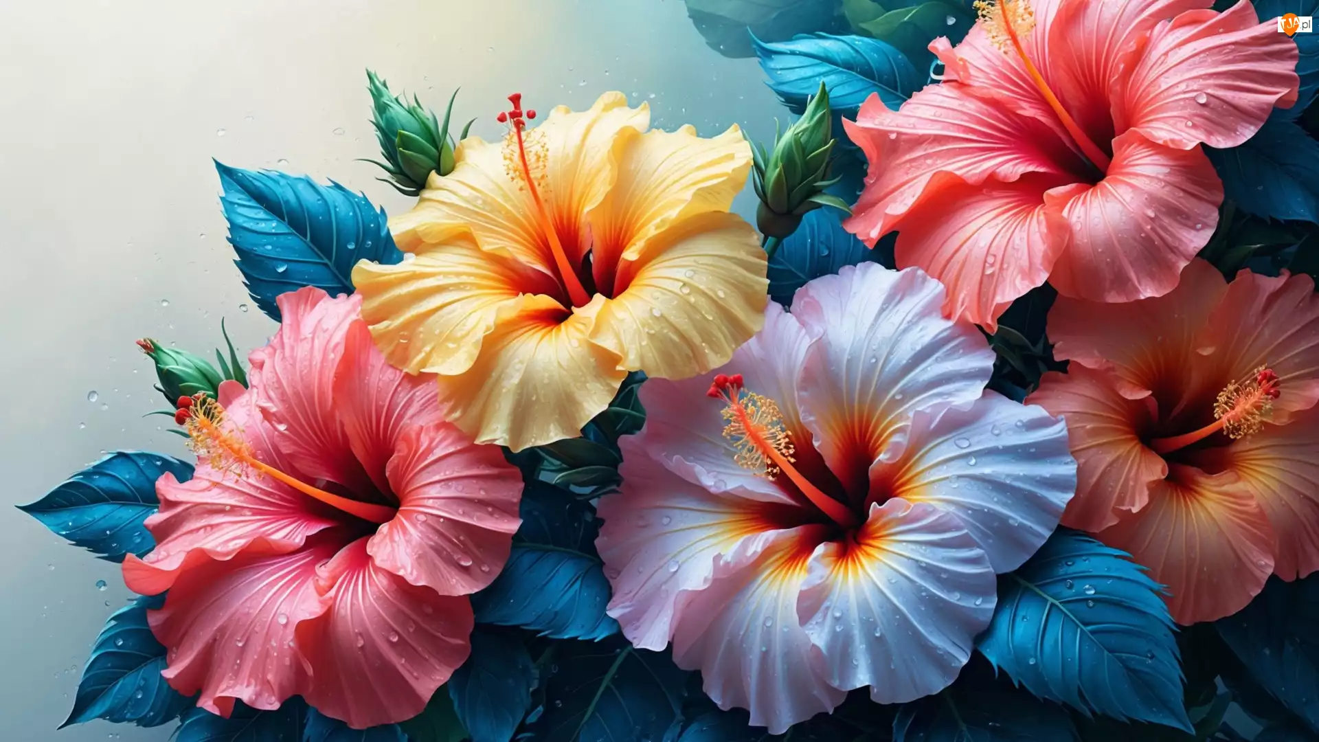 Hibiskusy, Zbliżenie, Kolorowe, Kwiaty, Krople