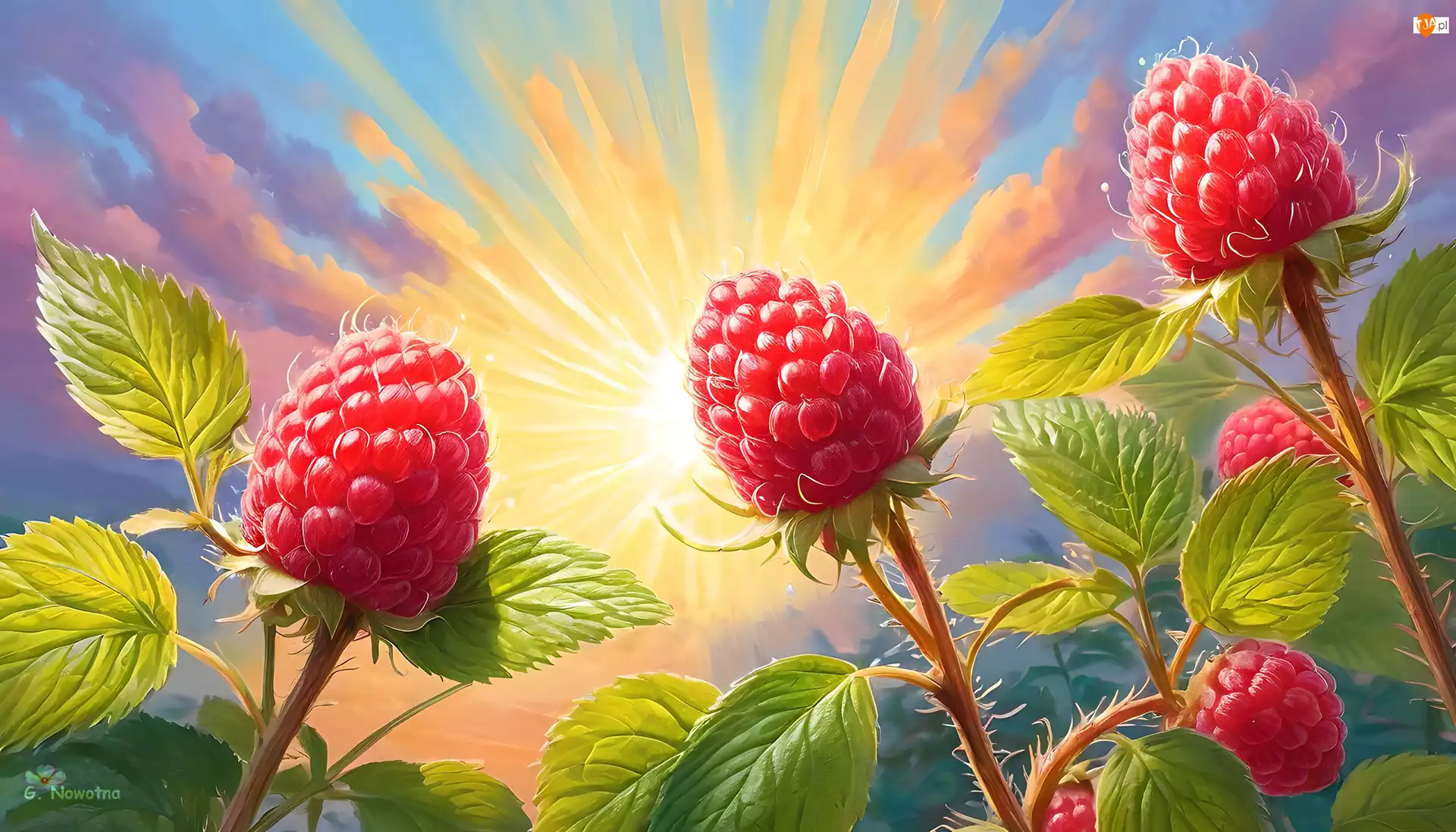 Słońce, Grafika, Liście, Maliny, Owoce
