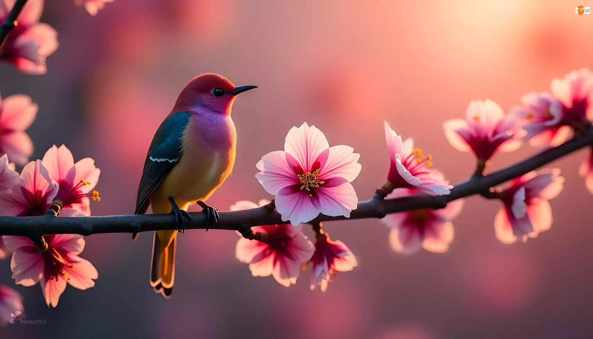 Różowe, Grafika, Ptak, Kolorowy, Kwiaty