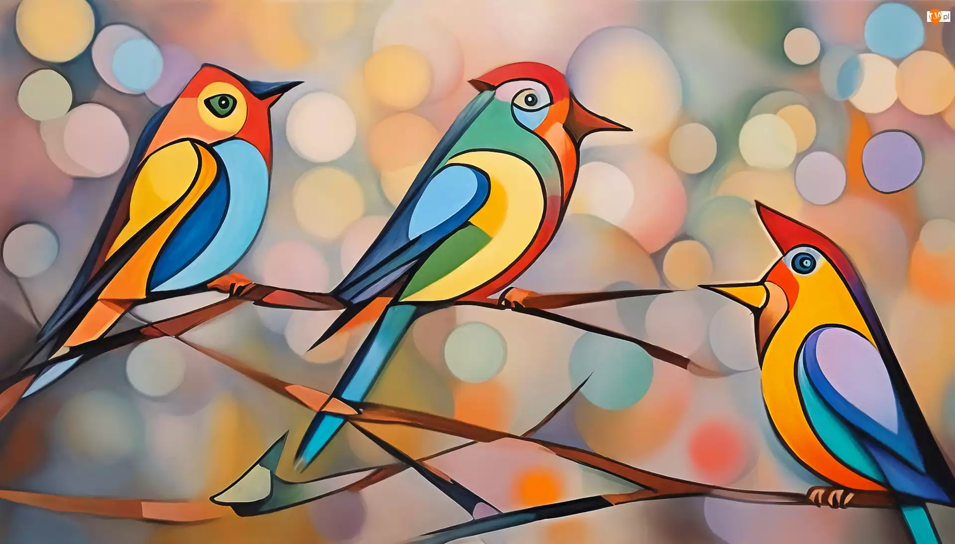Grafika, Kolorowe, Ptaki, Gałązki