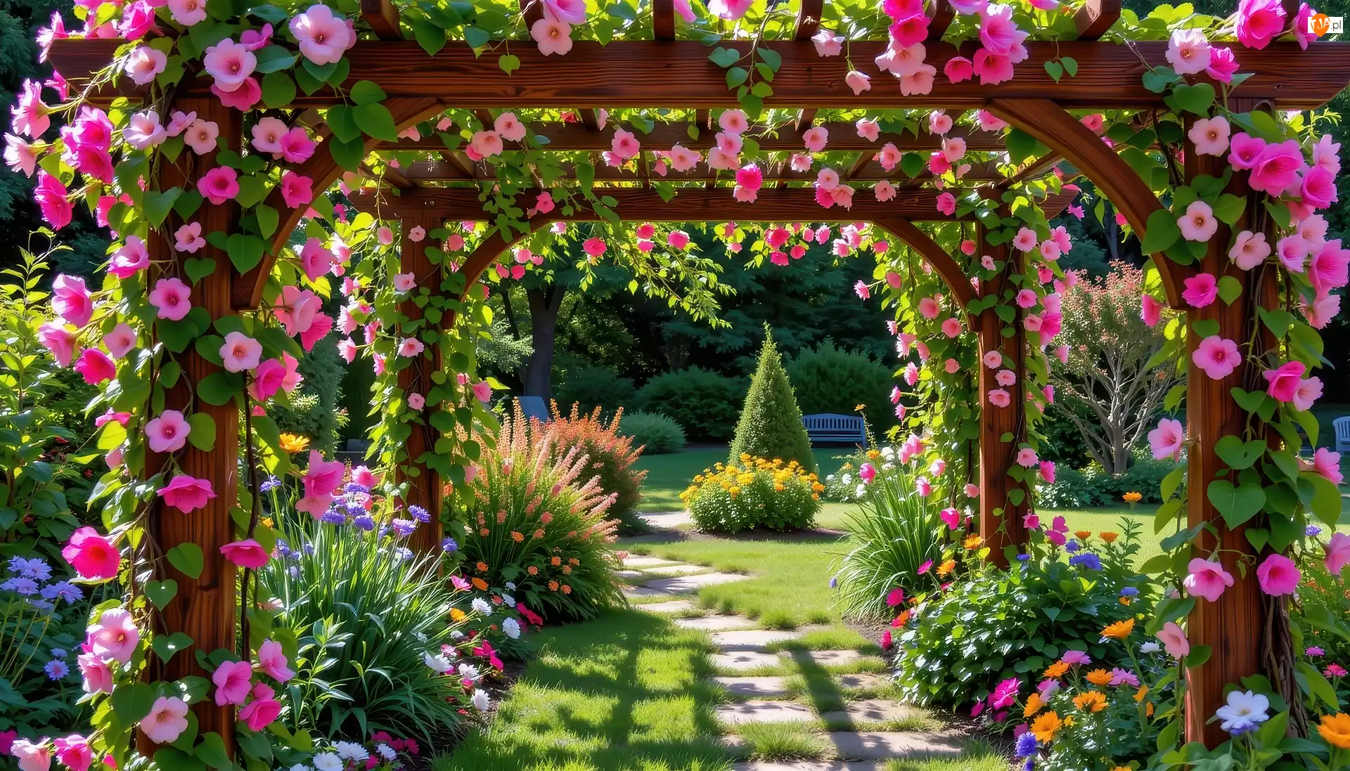 Grafika, Ogród, Kwiaty, Pergole