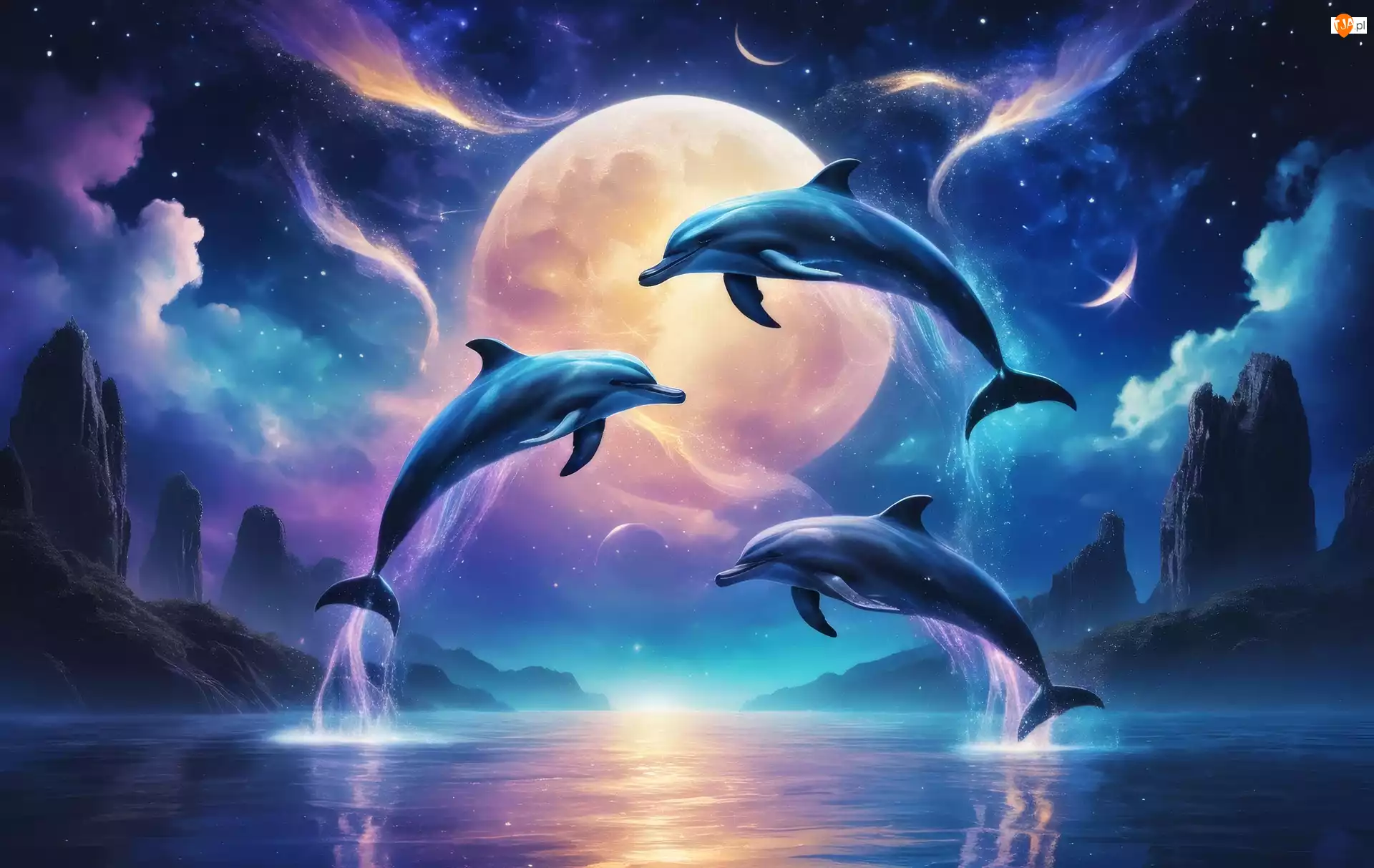Grafika, Delfiny, Morze, Księżyc