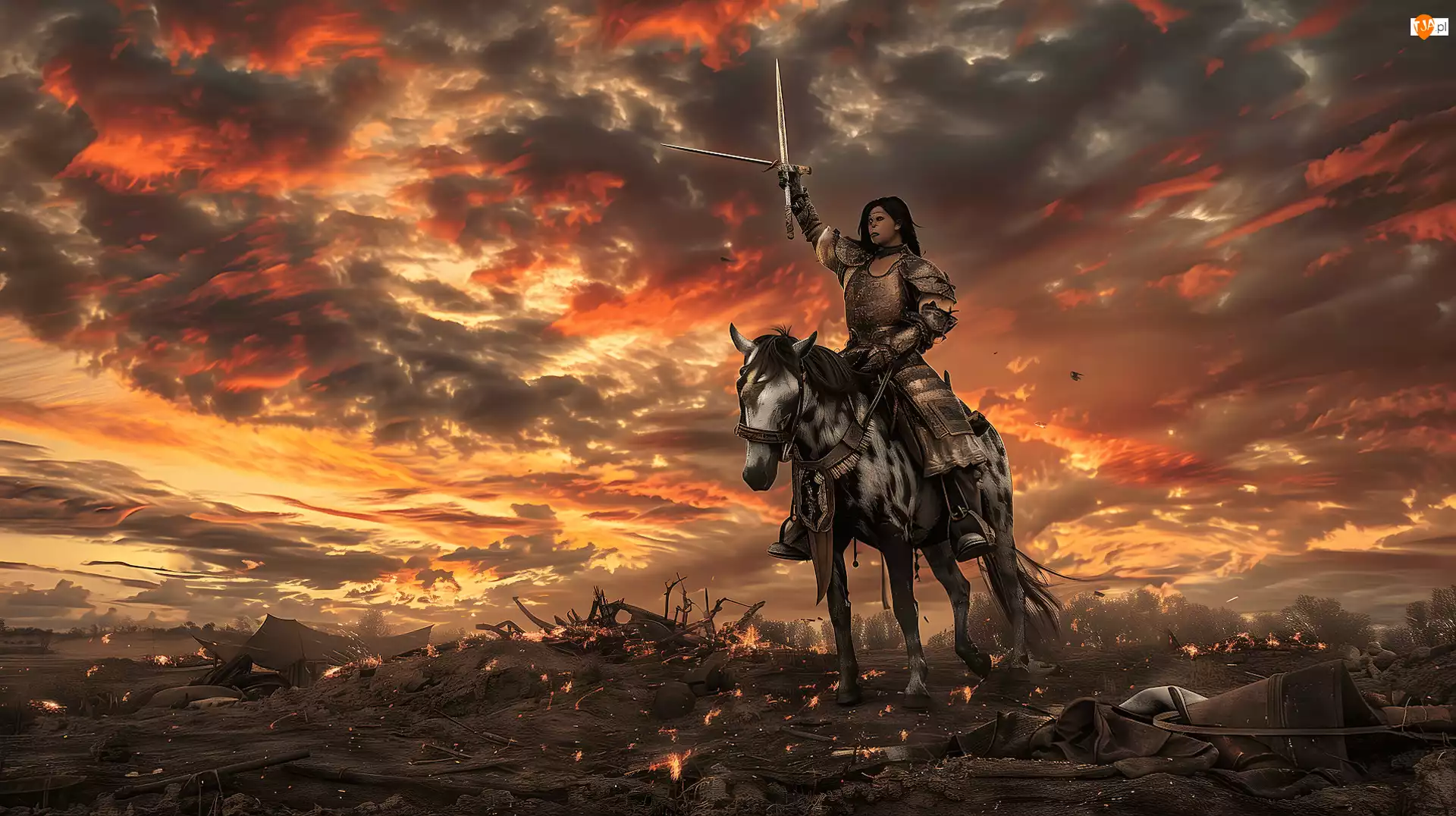 Miecz, Grafika, Wojowniczka, Zgliszcza, Kobieta, Koń, Chmury, Rycerz