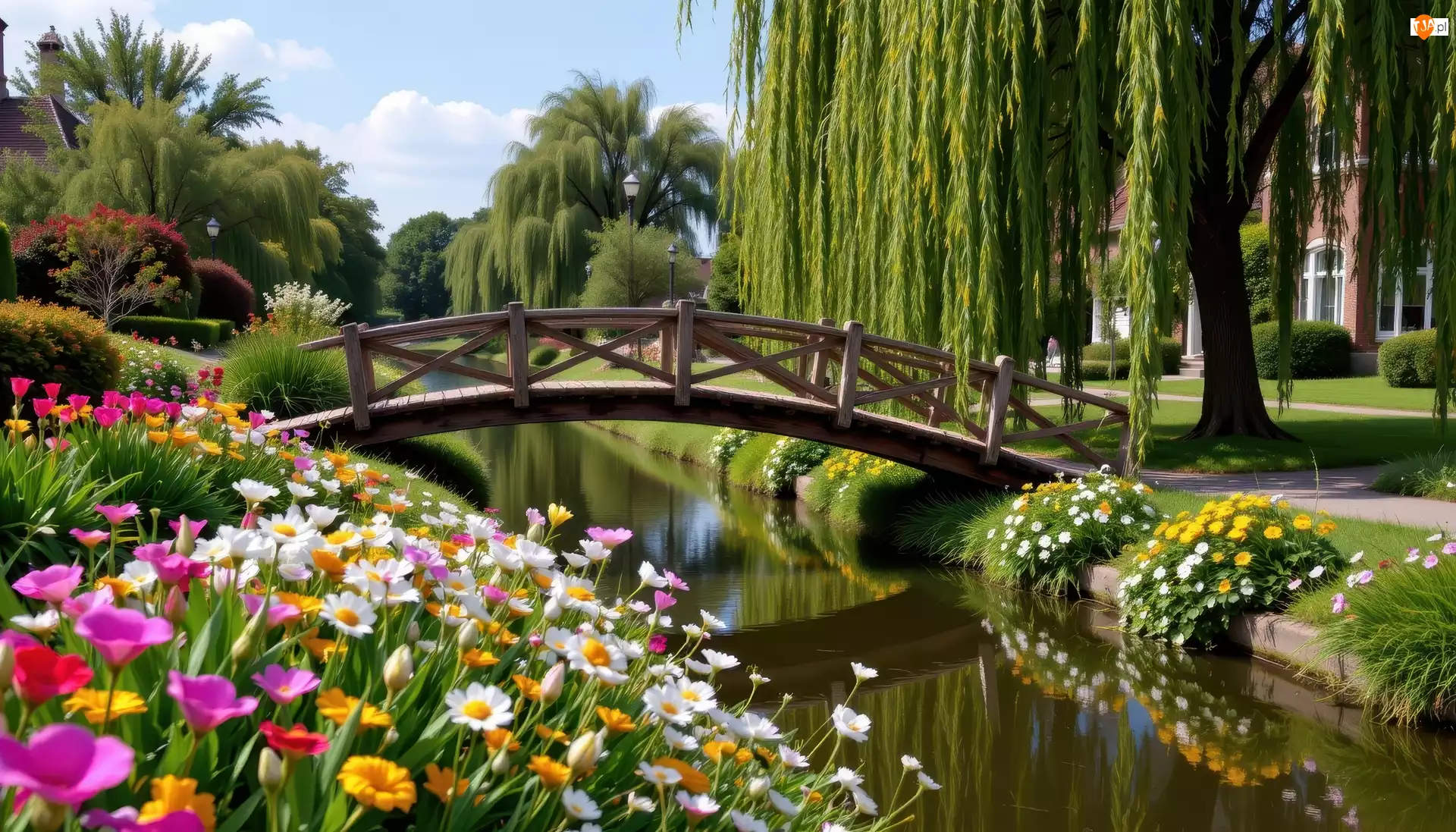 Mostek, Park, Kwiaty, Strumień, Wierzba płacząca