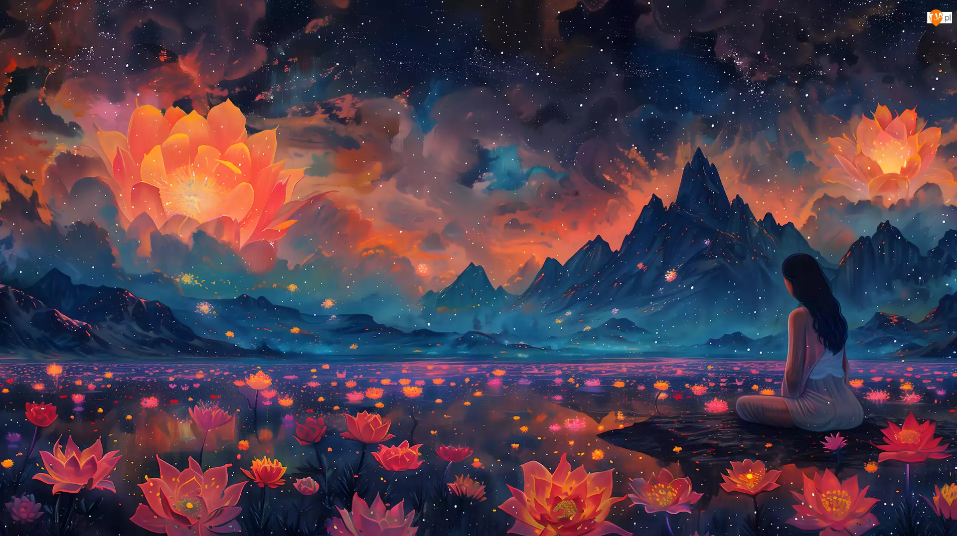 Kwiaty, Kolory, Góry, Grafika, Dziewczyna