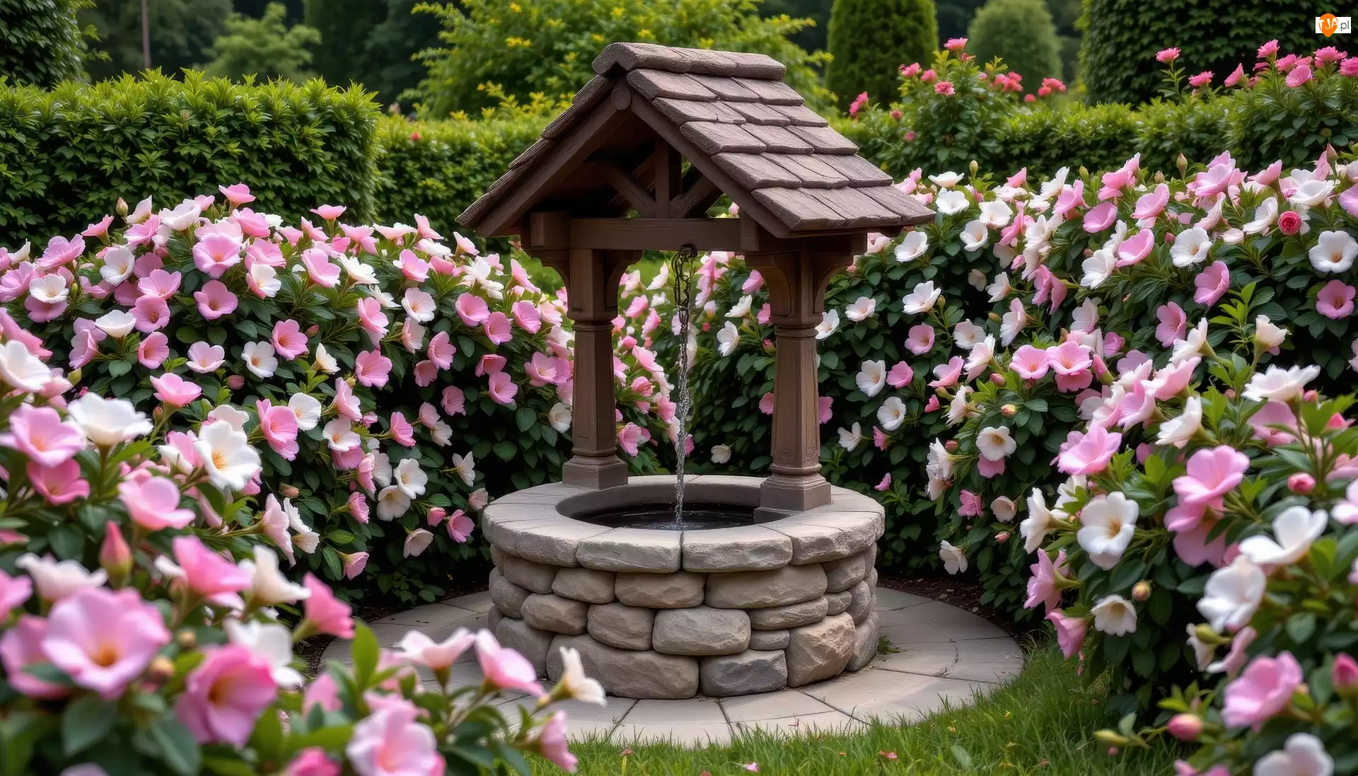 Kwiaty, Różowe, Studnia, Ogród, Białe