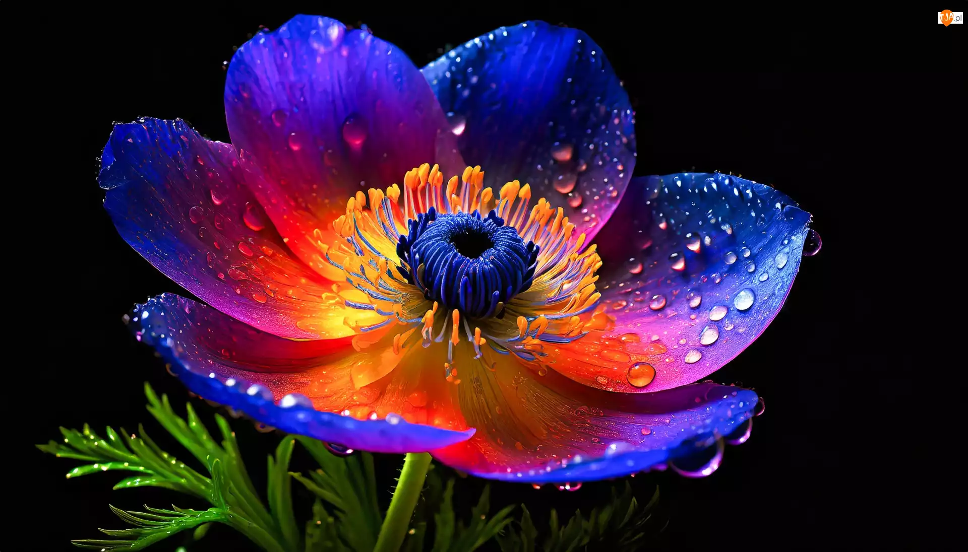 Abstrakcja, Niebieski, 2D, 3D, Wektorowa, Anemon, Krople, Różowy, Woda Kwiat