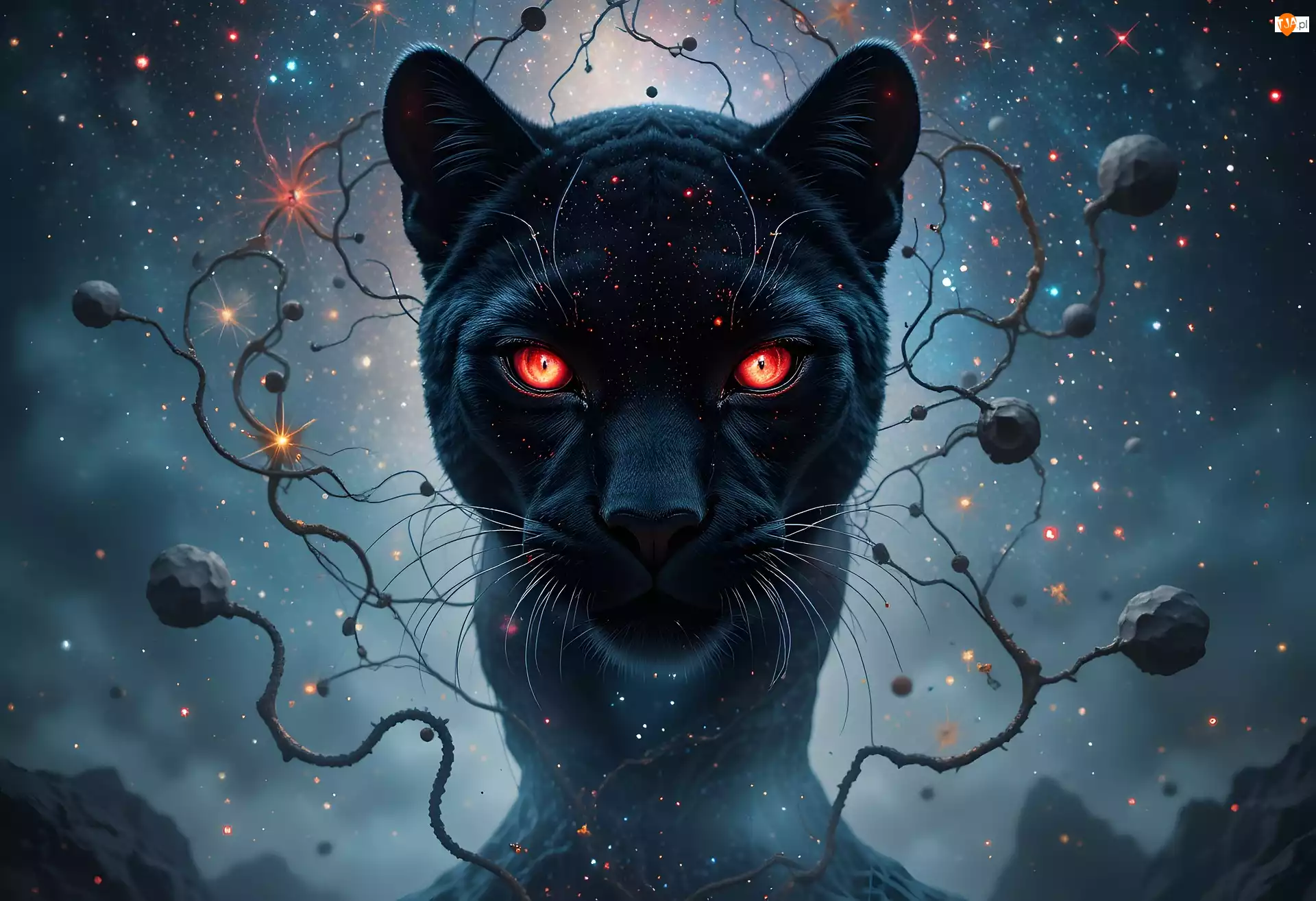 Świat, Ssak, Gwiazdy, Komputerowa, Kosmosu, Zwierzę, Dzikie, Oczy, Drapieżne, Czarna, Pantera, Grafika