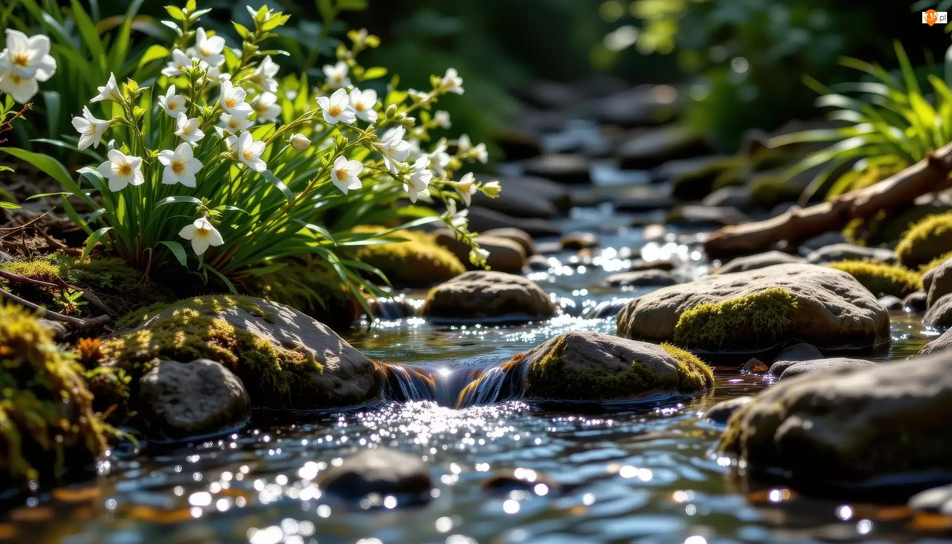 Potok, Grafika, Kwiaty, Białe, Kamienie