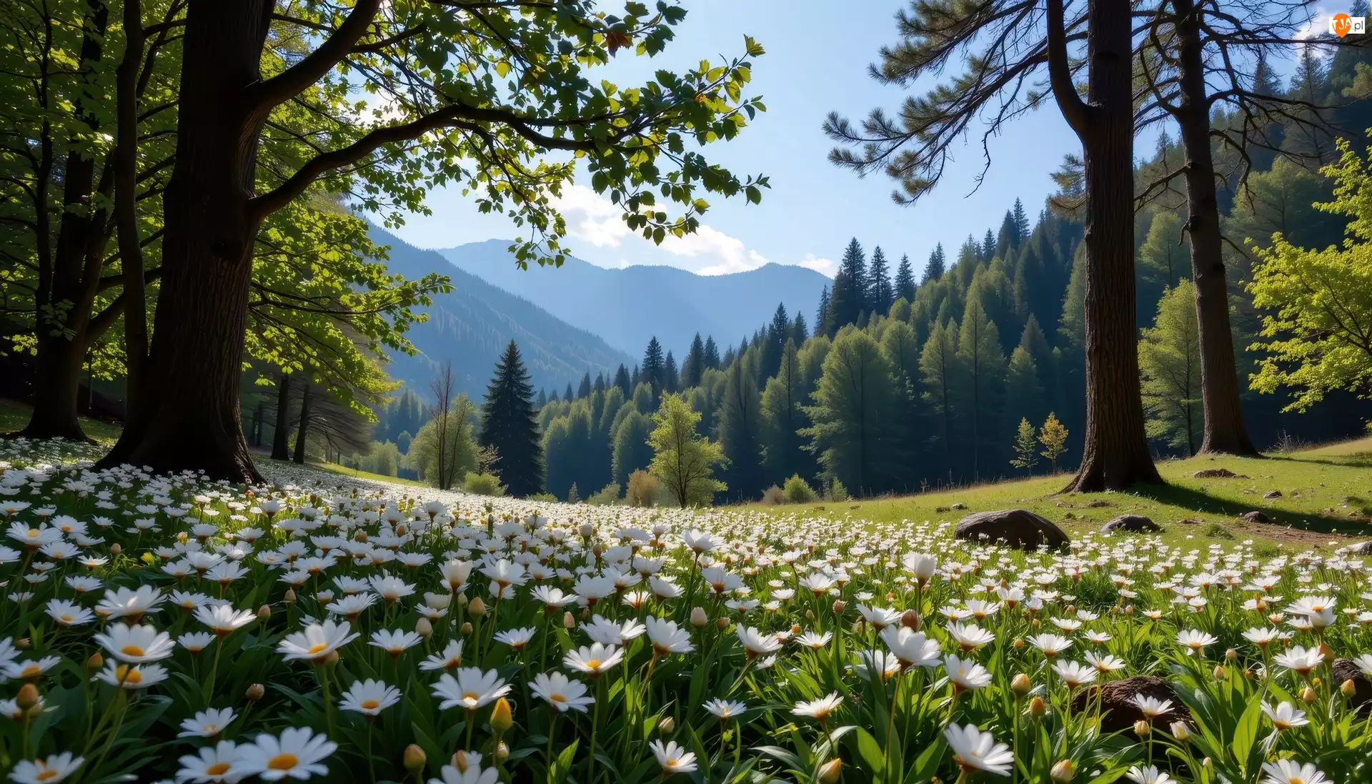 Góry, Kwiaty, Drzewa, Lasy