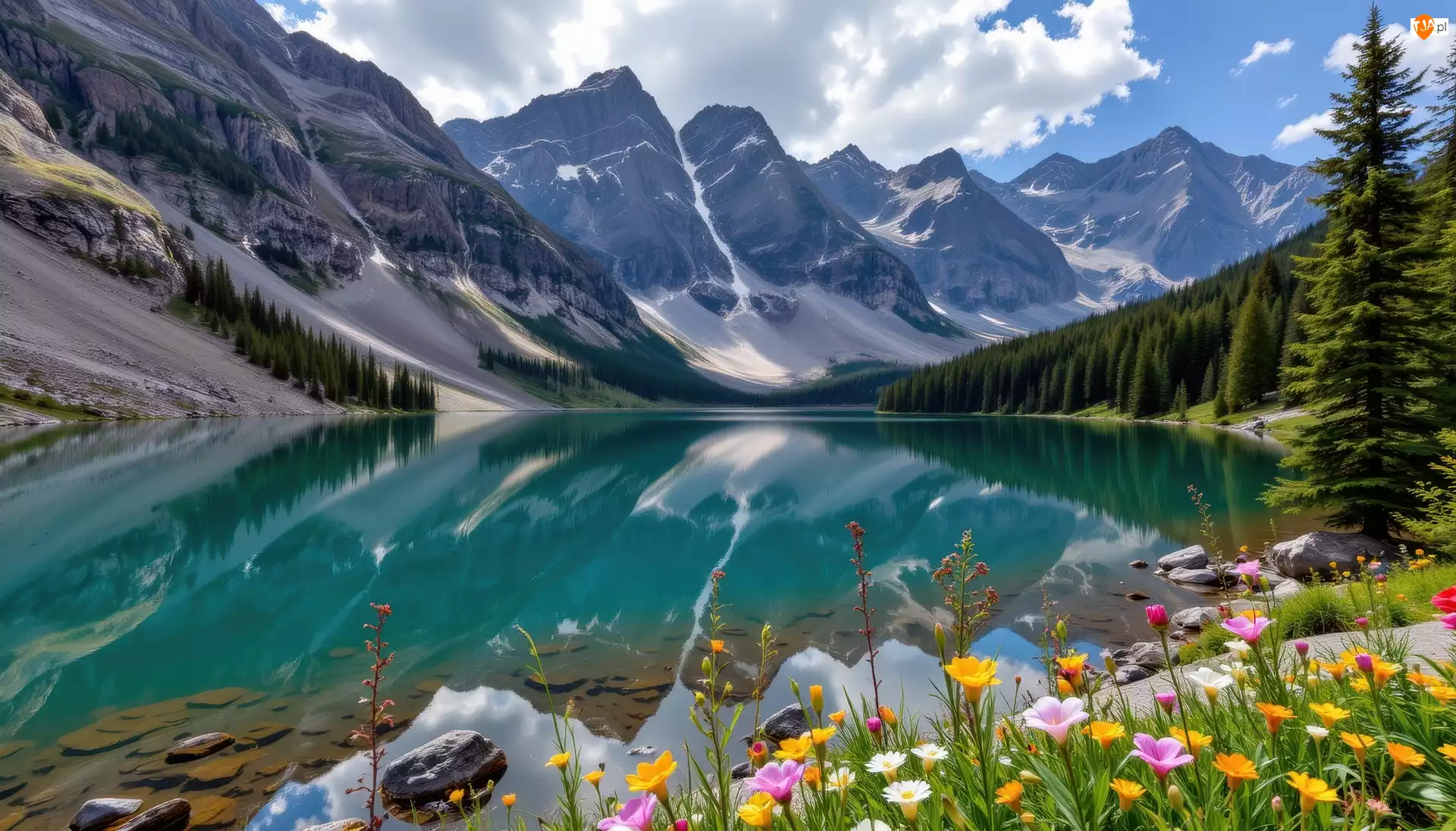 Jezioro, Brzeg, Grafika, Kwiaty, Niebo, Lasy, Góry