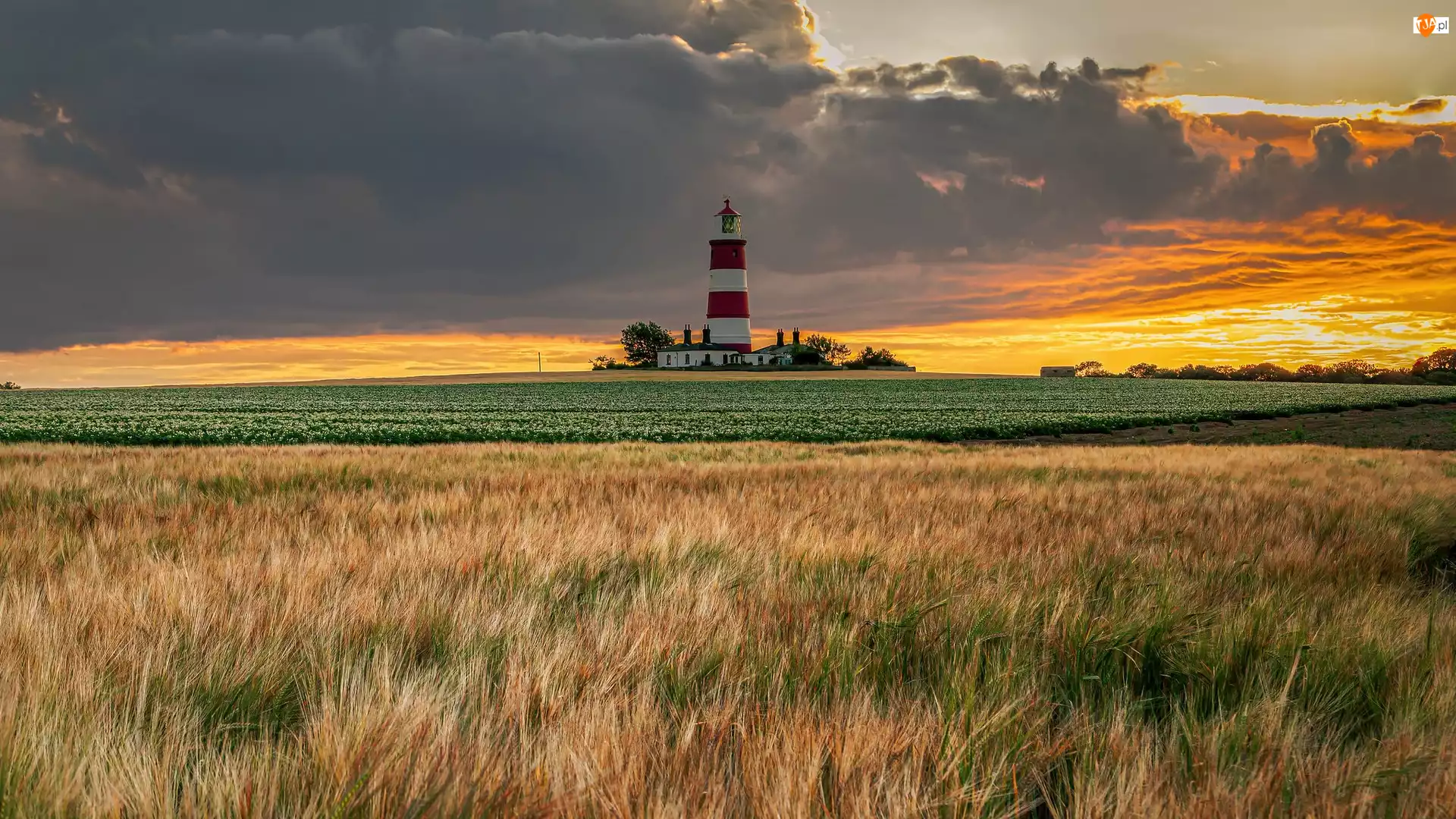 Happisburgh Lighthouse, Pole, Anglia, Latarnia morska, Norfolk, Chmury, Niebo