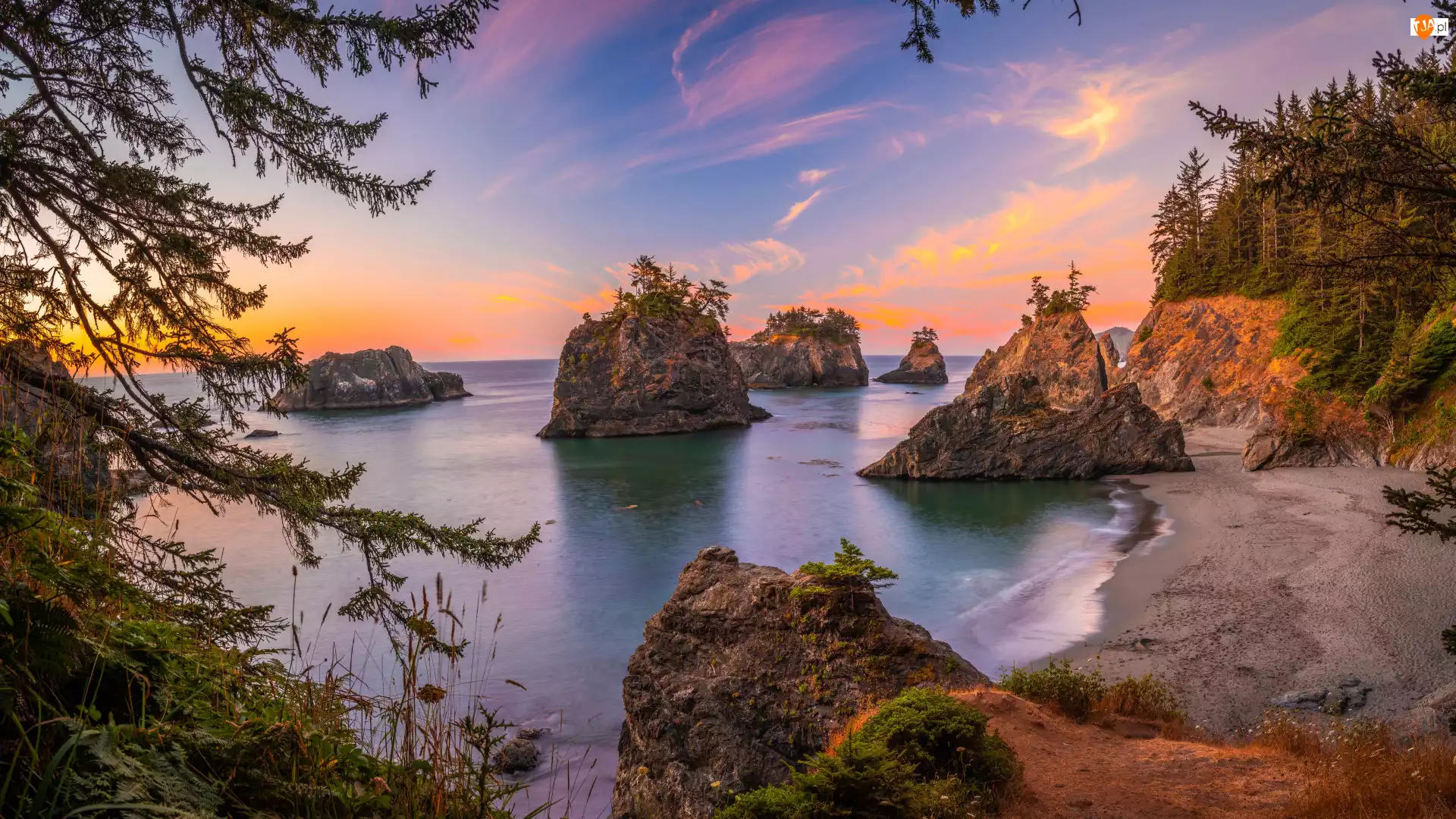 Stany Zjednoczone, Park stanowy, Samuel H Boardman State Scenic Corridor, Zachód słońca, Skały, Morze, Drzewa, Brzeg, Niebo, Oregon