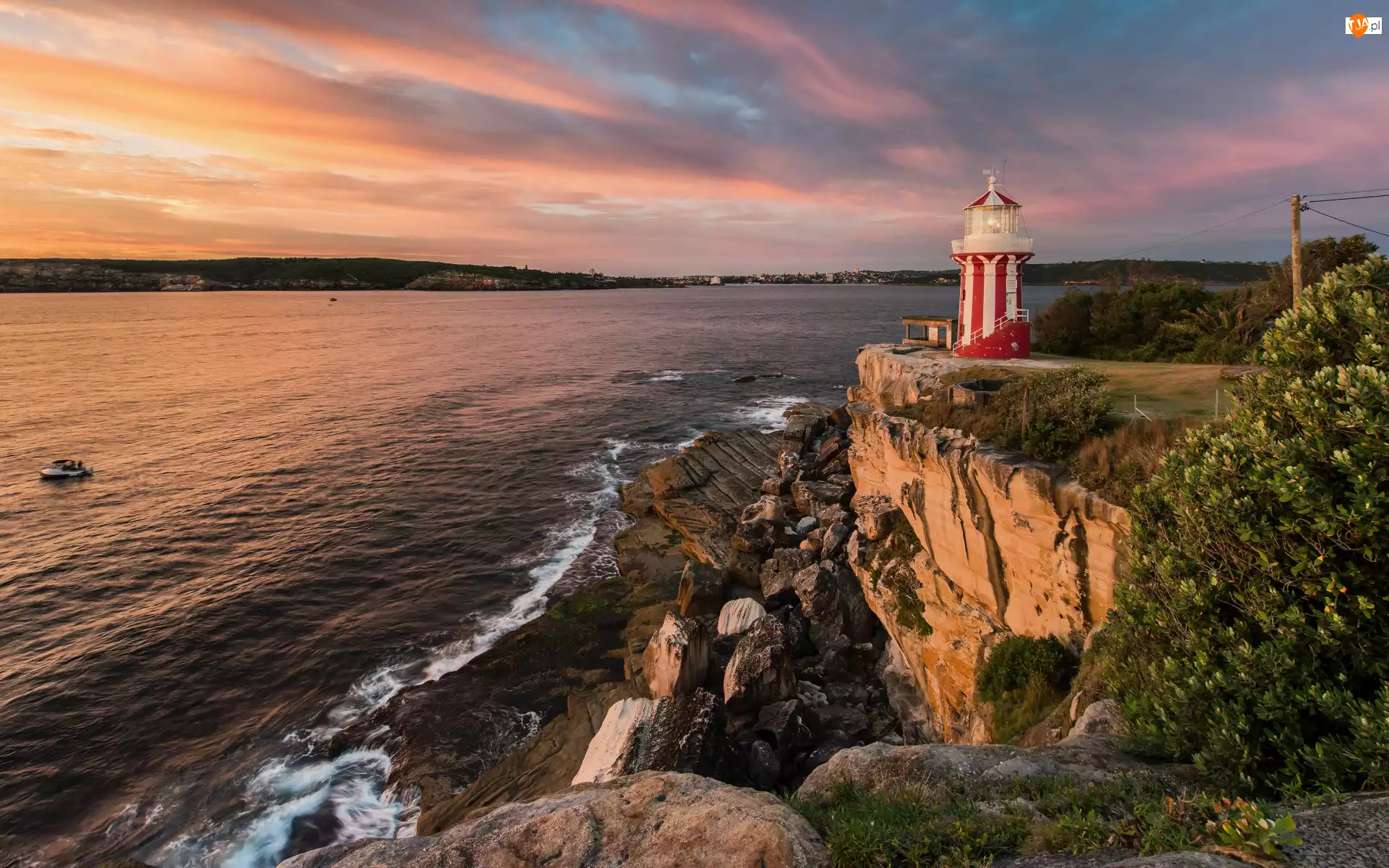 Kamienie, Morze, Hornby Lighthouse, Poranek, Skały, Drzewa, Australia, Latarnia morska