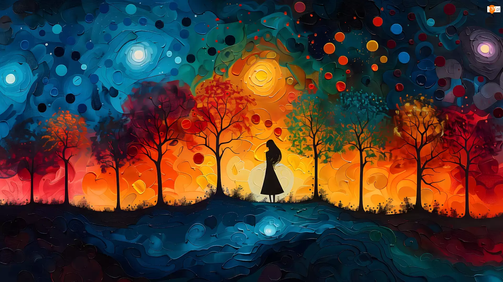 Niebo, Kolory, Drzewa, Grafika, Dziewczyna