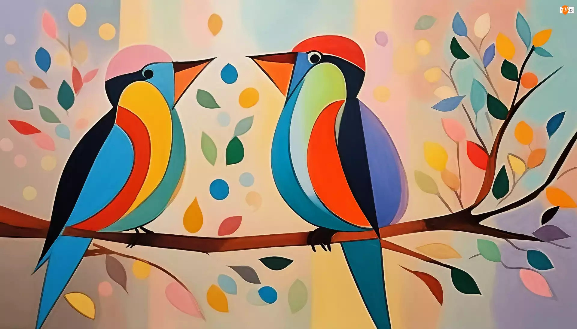 Grafika, Dwa, Kolorowe, Ptaki