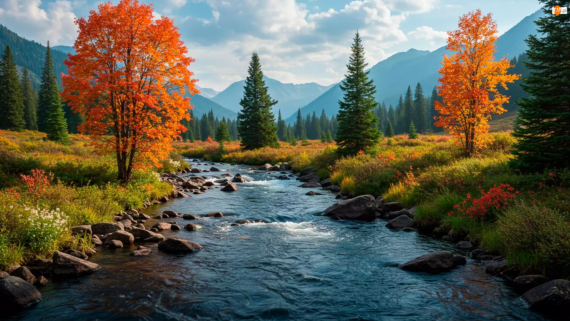Drzewa, Chmury, Rzeczka, Jesień, Góry