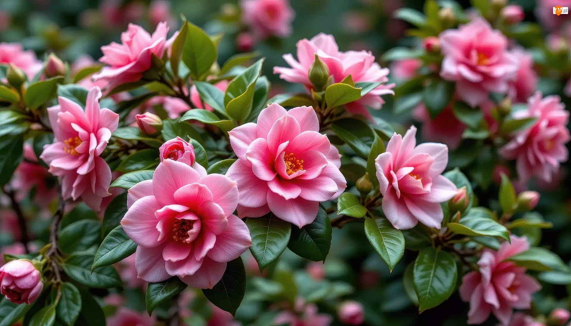 Grafika, Różowe, Kwiaty, Liście