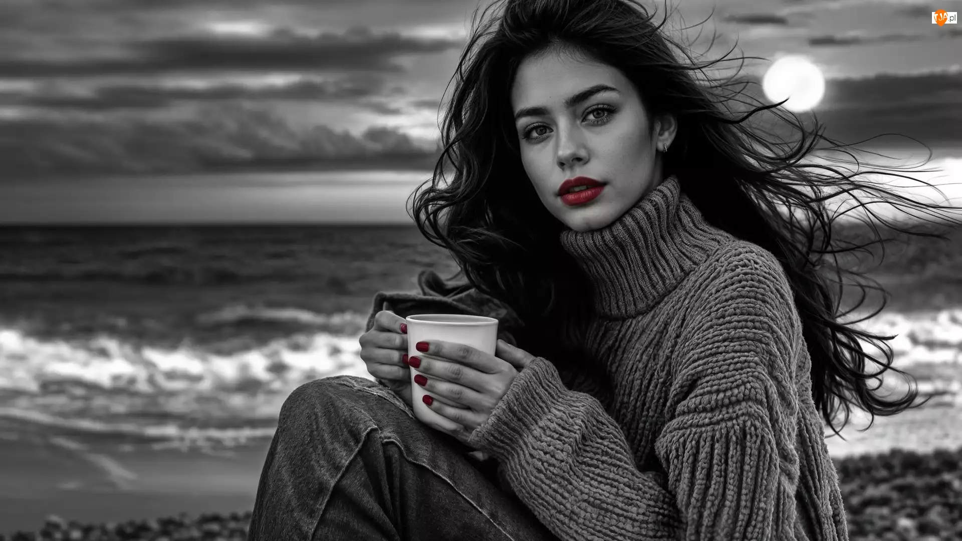Dziewczyna, Długowłosa, Golf, Morze, Sweter, Kubek