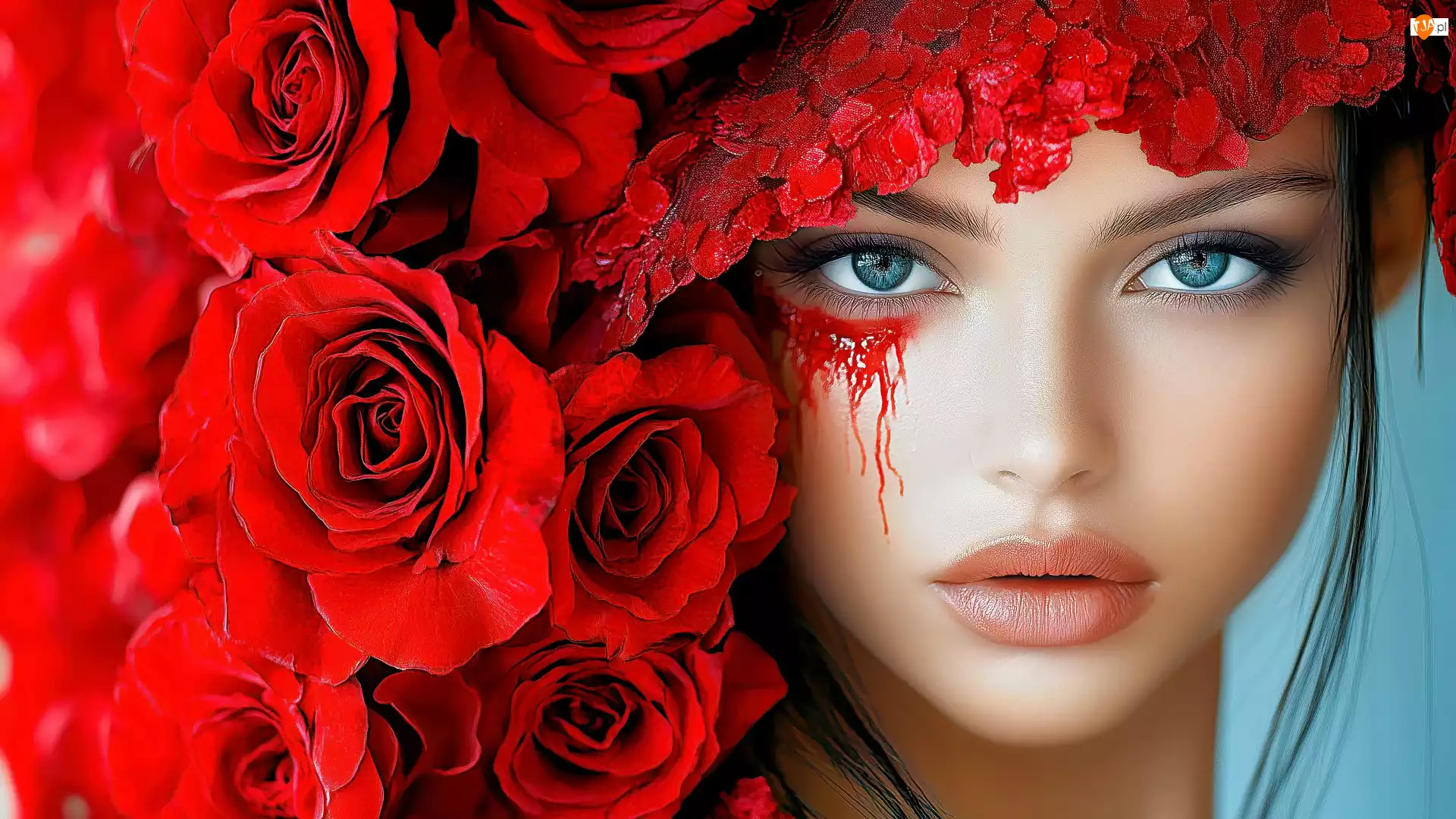 Czerwone, Grafika, Makijaż, Dziewczyna, Róże
