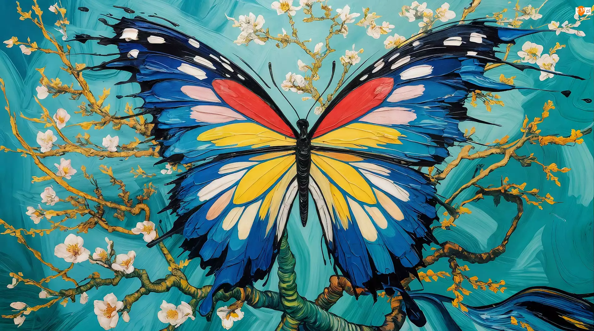 Kwiaty, Grafika, Motyl, Gałązki