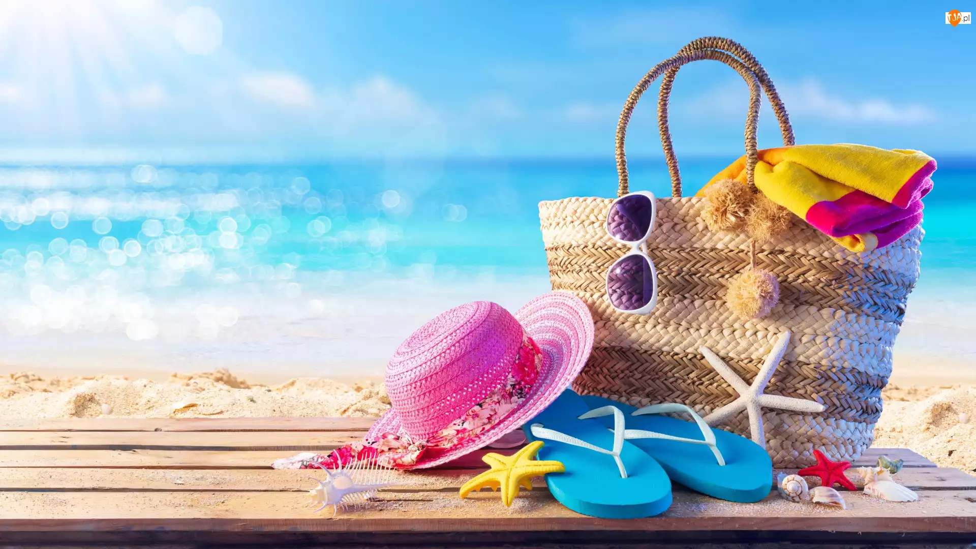 Kompozycja, Ręcznik, Okulary, Japonki, Plaża, Morze, Koszyk, Deski, Kapelusz, Rozgwiazdy