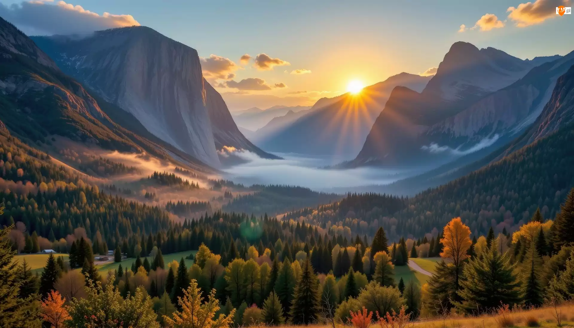 Grafika AI, Park Narodowy Yosemite, Kalifornia, Yosemite Valley, Lasy, Dolina, Wschód słońca, Góry, Mgła, Stany Zjednoczone