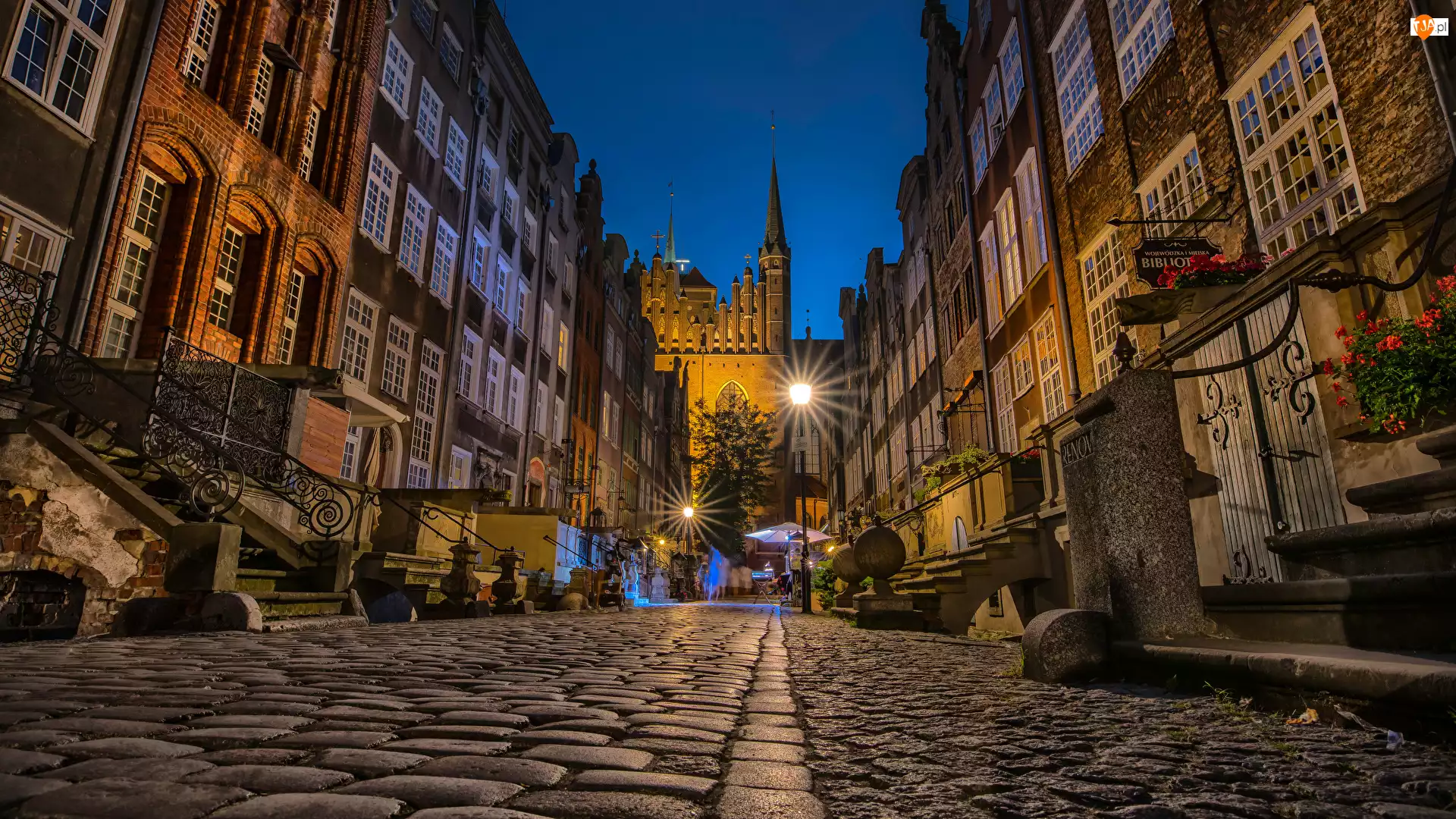 Gdańsk, Polska, Ulica, Noc, Domy, Światła