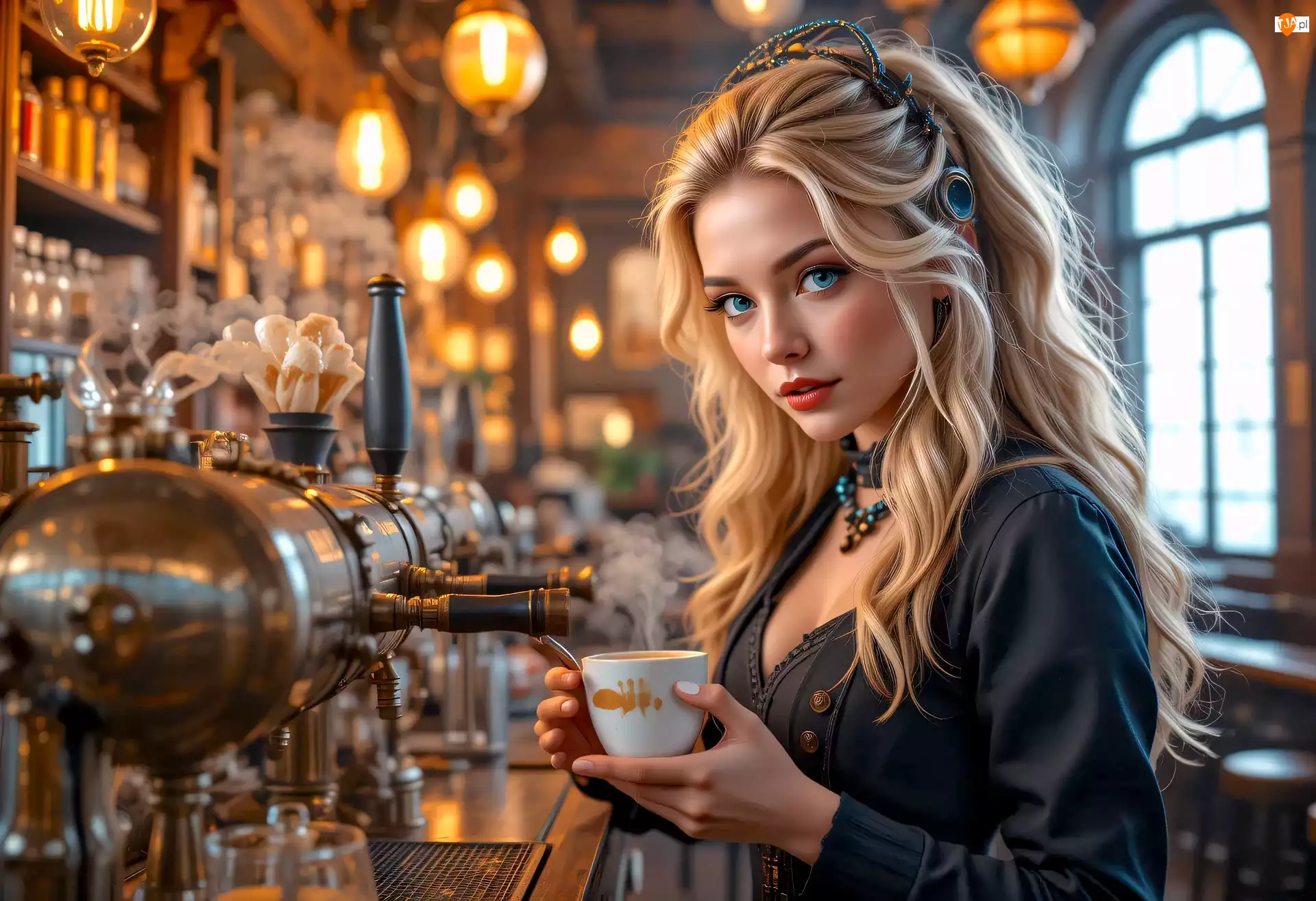 Kawa, Grafika AI, Blondynka, Kobieta, Kawiarnia