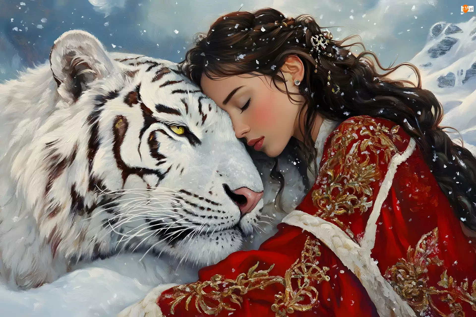 Czerwone, Ubranie, Grafika, Kobieta, Śnieg, Tygrys, Biały