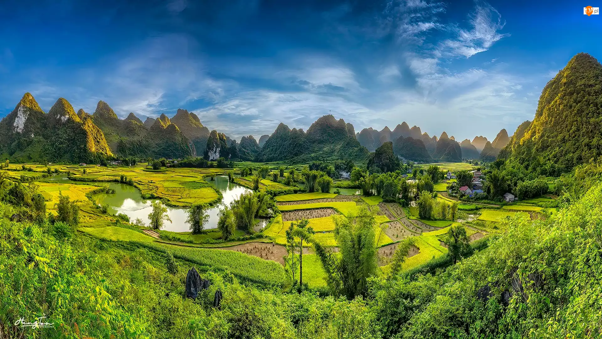 Prowincja Cao Bang, Phong Nam, Drzewa, Wietnam, Ryżowe, Pola, Góry