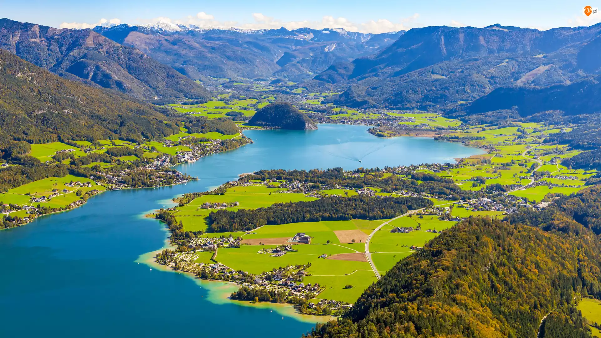 Góry, Austria, Jezioro Wolfgangsee, Z lotu ptaka, Alpy