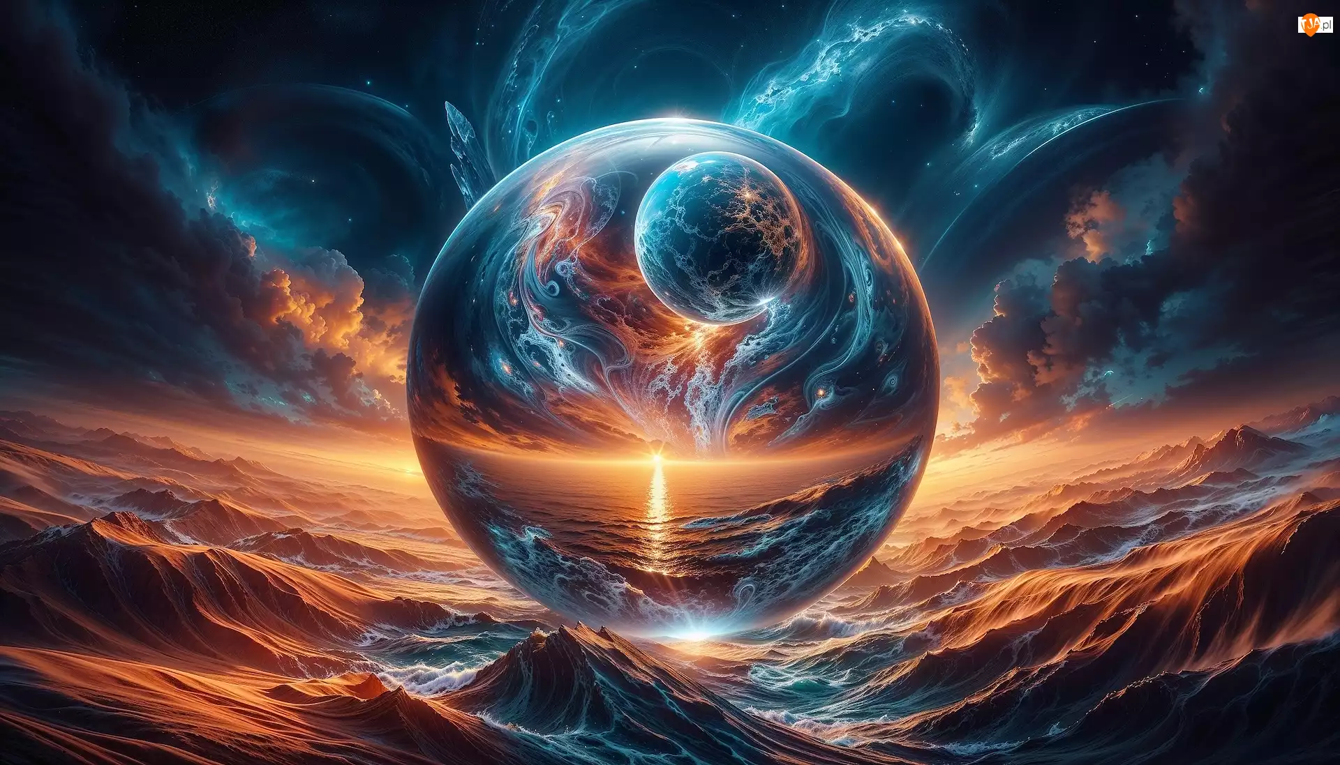 Kula, Fantasy, Fale, Morze, Chmury