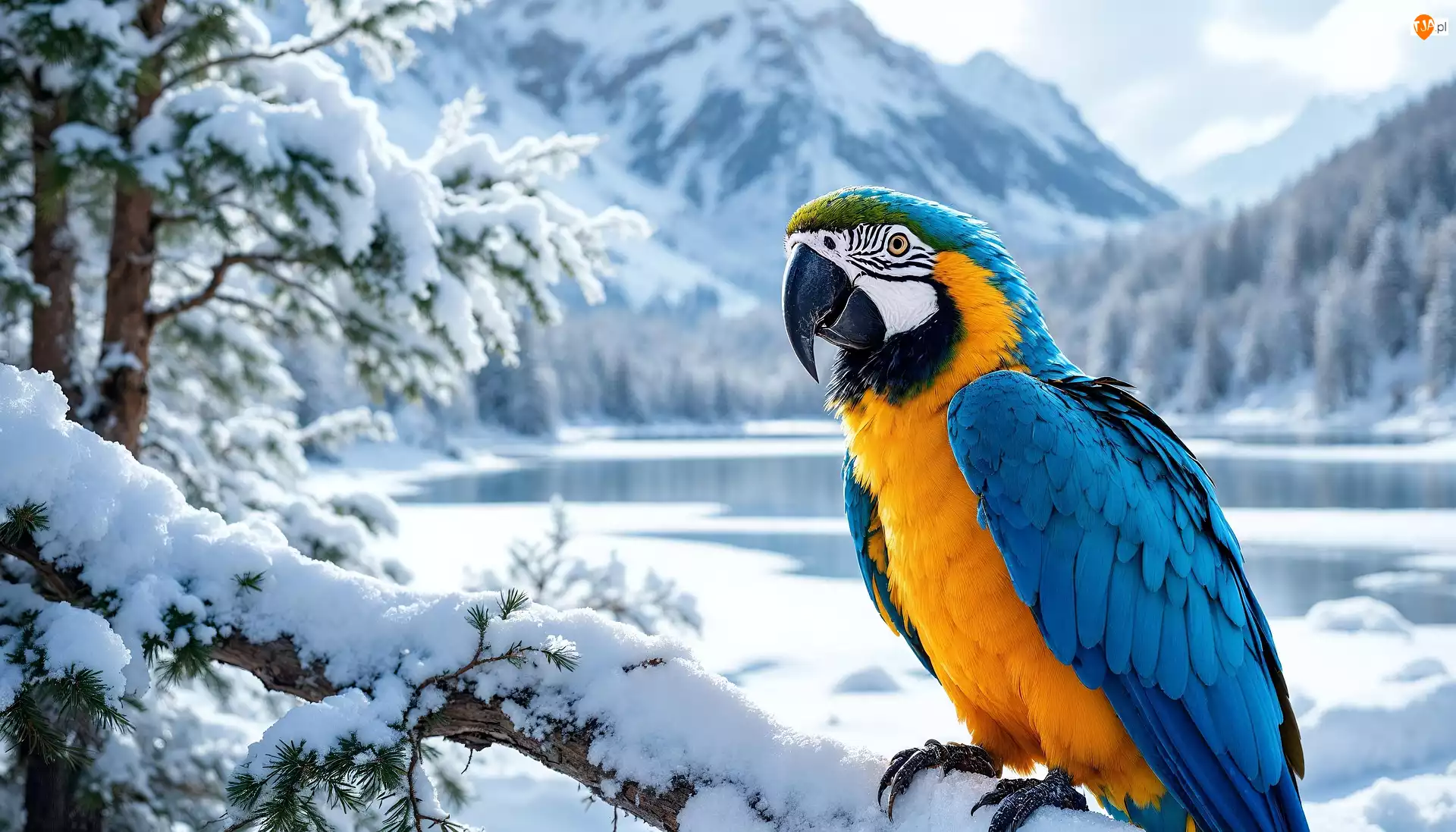 Ara, Papuga, Góry, AI, Zima, Drzewo