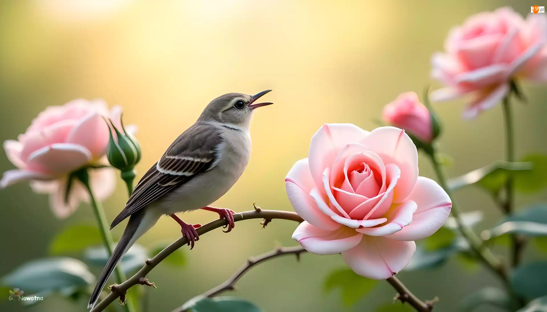 Grafika AI, Ptak, Różowe, Róże