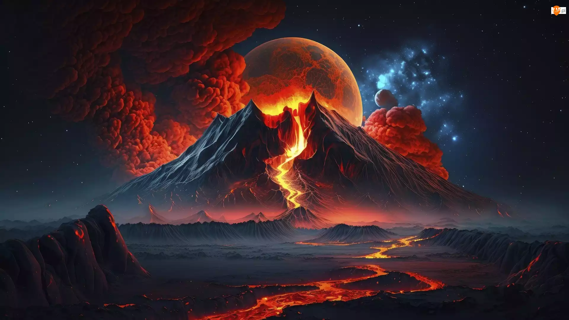 Wulkan, Erupcja, AI, Noc, Księżyc, Dym, Ogień
