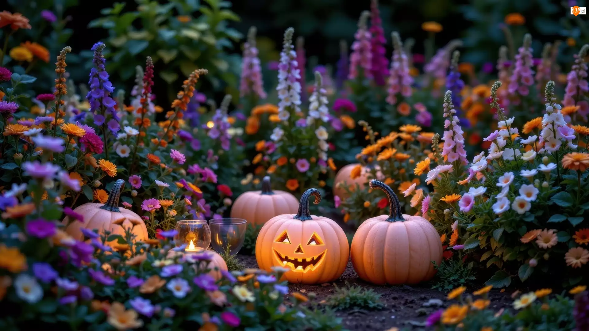 Kolorowe, Kwiaty, Halloween, Ogród, Dynie, Podświetlane, Żółte