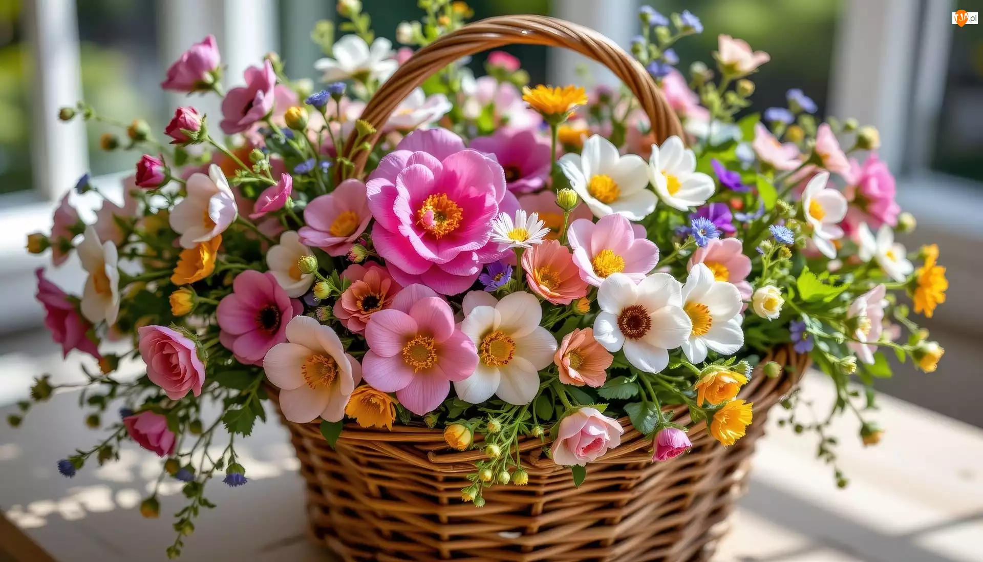 Koszyk, Okno, Bukiet, Kwiaty, Stół