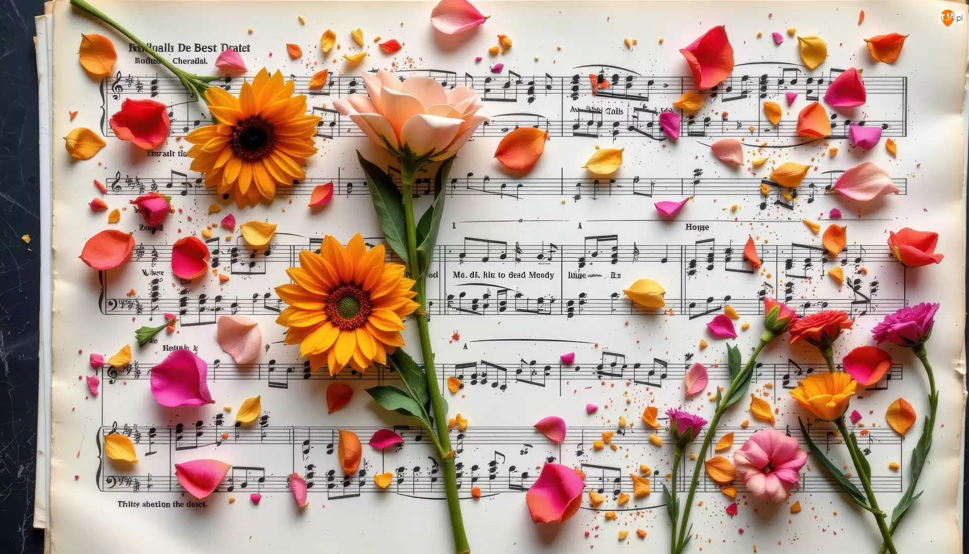 Kolorowe, AI, Kwiaty, Nuty, Płatki