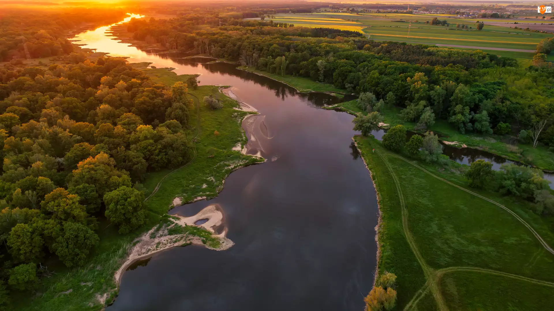 Pola, Polska, Odra, Zachód słońca, Gmina Szlichtyngowa, Drzewa, Z lotu ptaka, Rzeka