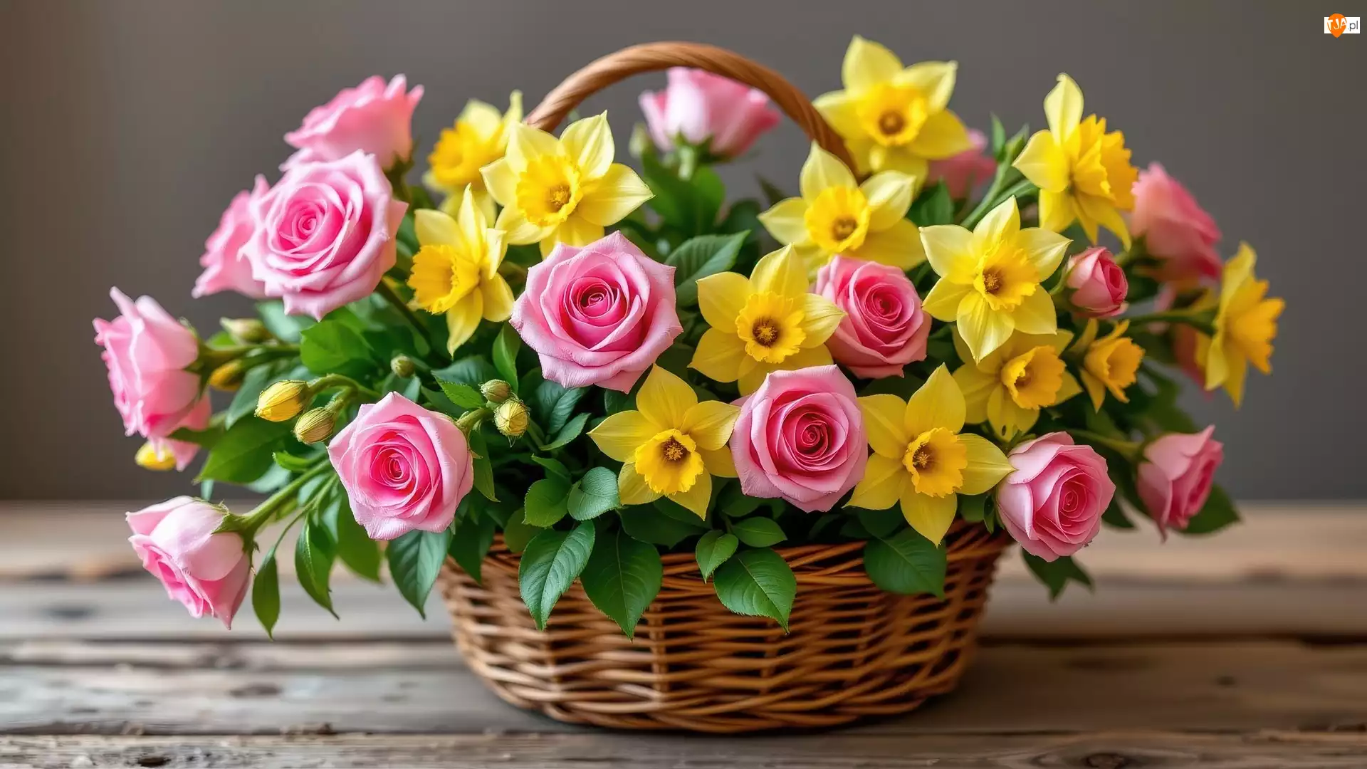 Róże, Różowe, Narcyzy żonkile, Koszyk, Żółte, Wiklinowy