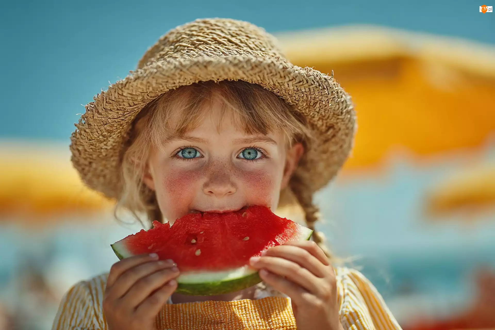 Arbuz, Dziewczynka, Piegi, Kapelusz