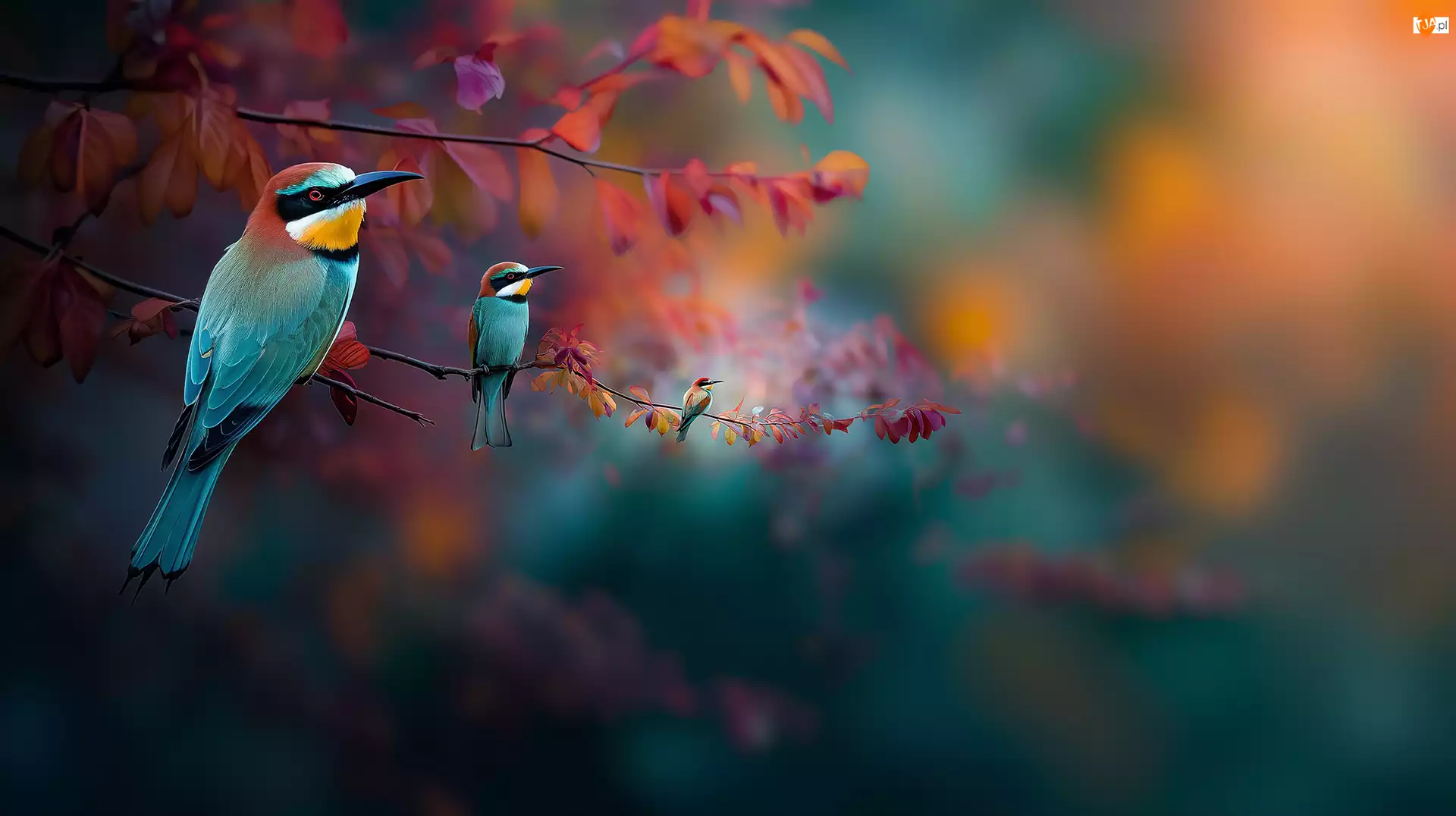 Liście, Żołny, Gałązki, Grafika, Kolorowe, Jesienne, Ai, Ptaki